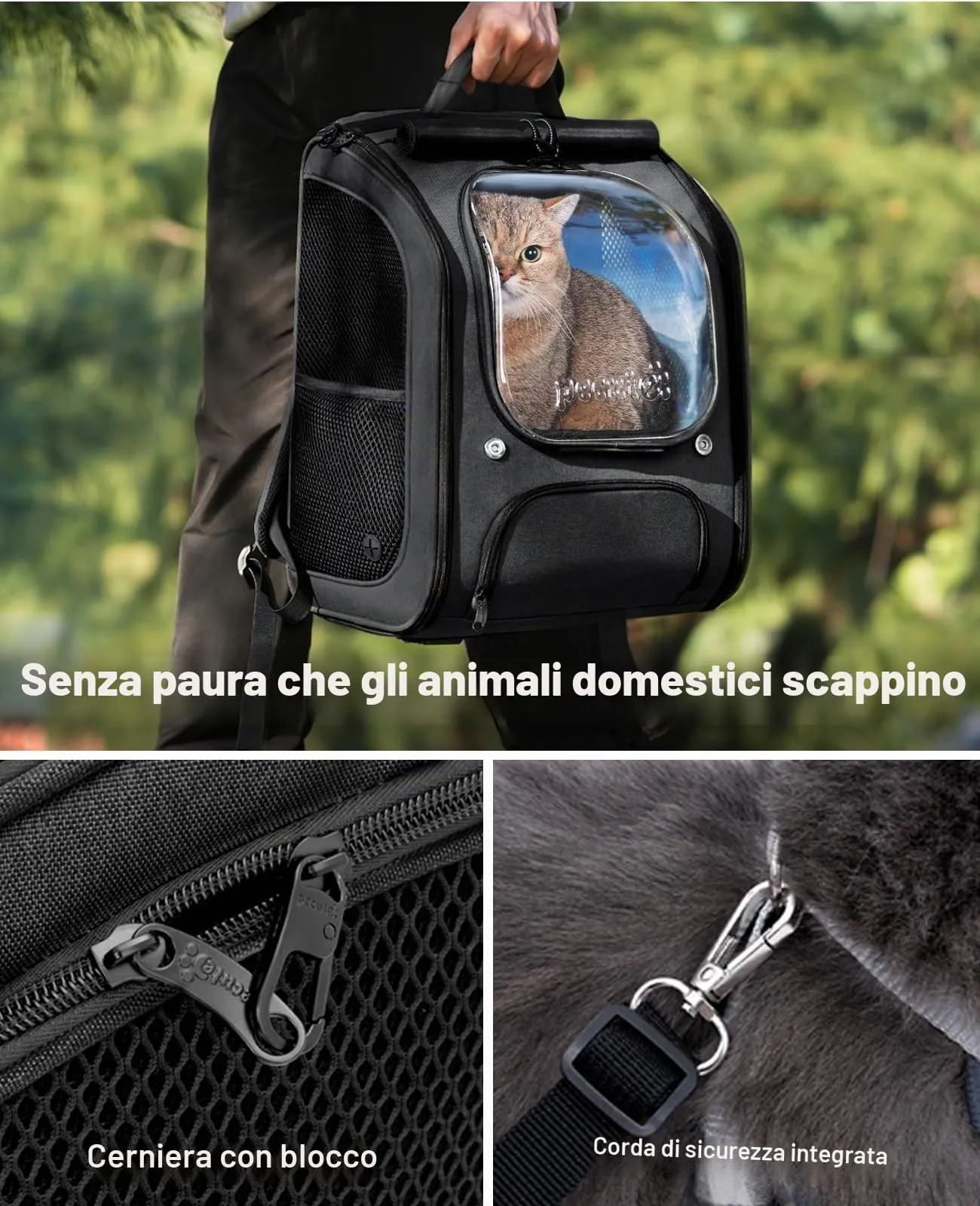 Pecute Zaino a Bolla per Gatti, Ergonomico, Nero - immagine 5