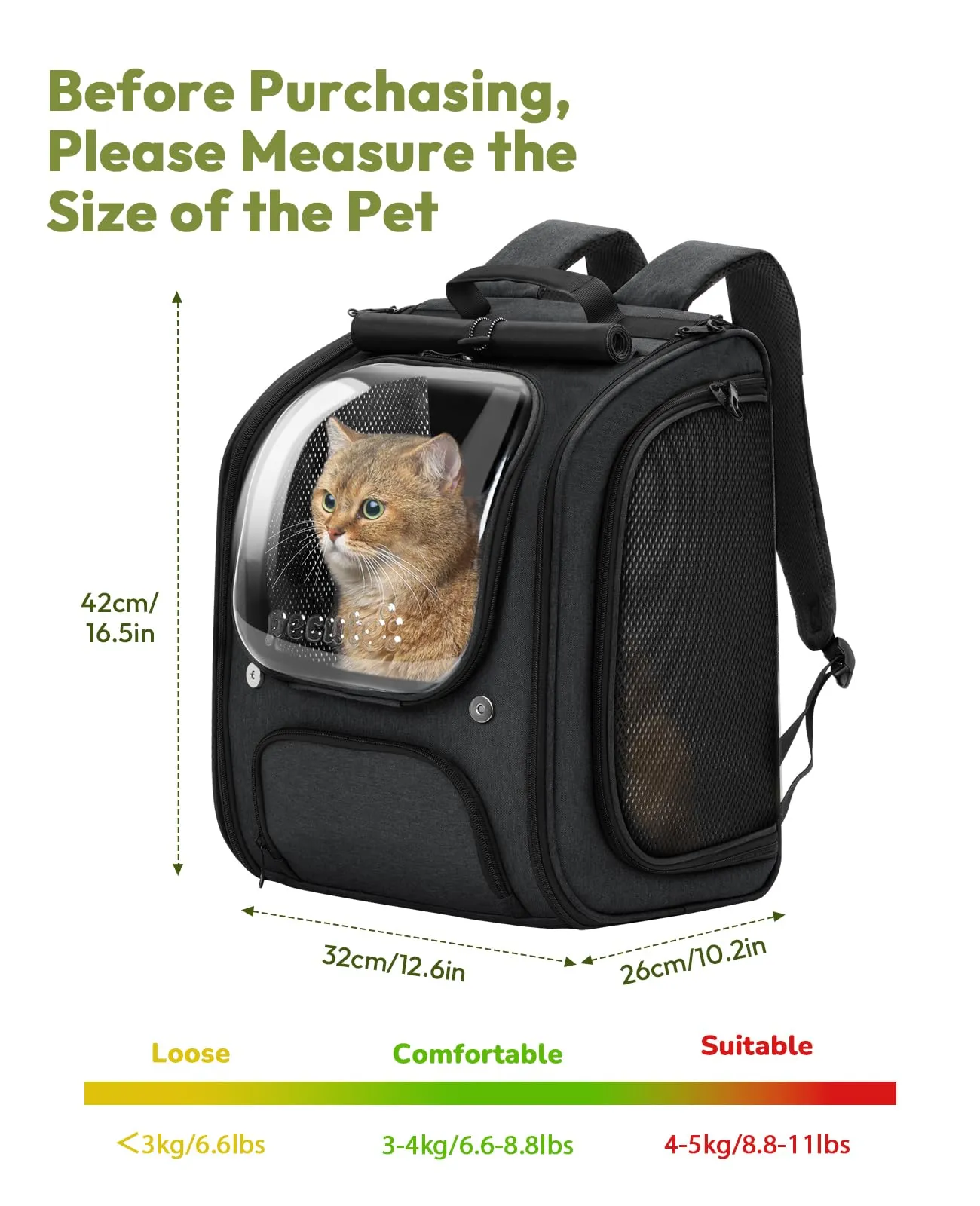 Pecute Zaino a Bolla per Gatti, Ergonomico, Nero - immagine 9