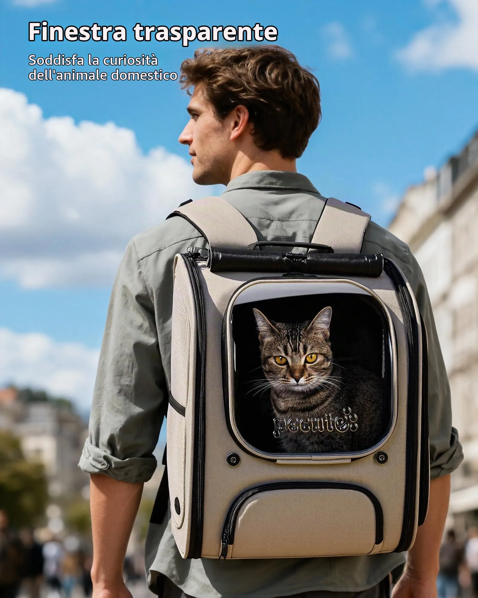 Pecute Zaino a Bolla per Gatti, Ergonomico, Cachi - immagine 3
