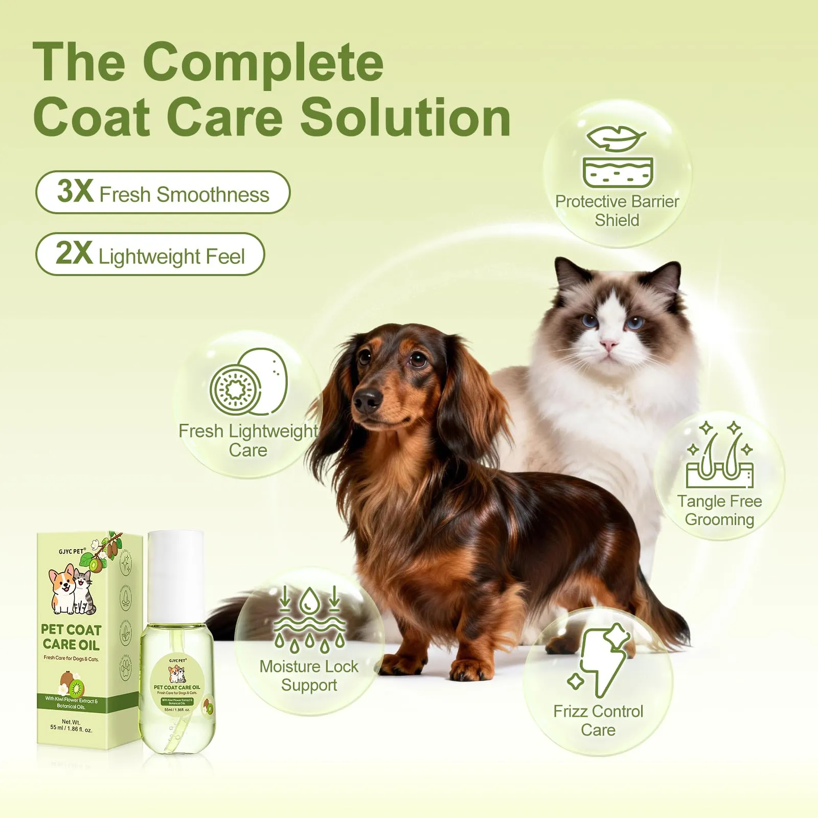 GJYC PET Olio Nutriente per Pelo di Cani e Gatti, Balsamo Leave-in Idratante e Districante, Profumo Kiwi & Floreale, 55 ml - immagine 2