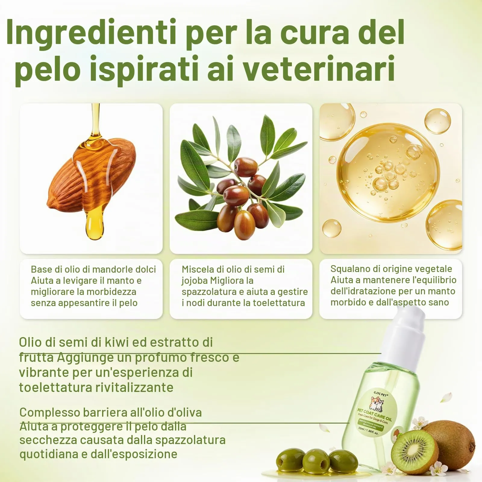 GJYC PET Olio Nutriente per Pelo di Cani e Gatti, Balsamo Leave-in Idratante e Districante, Profumo Kiwi & Floreale, 55 ml - immagine 4