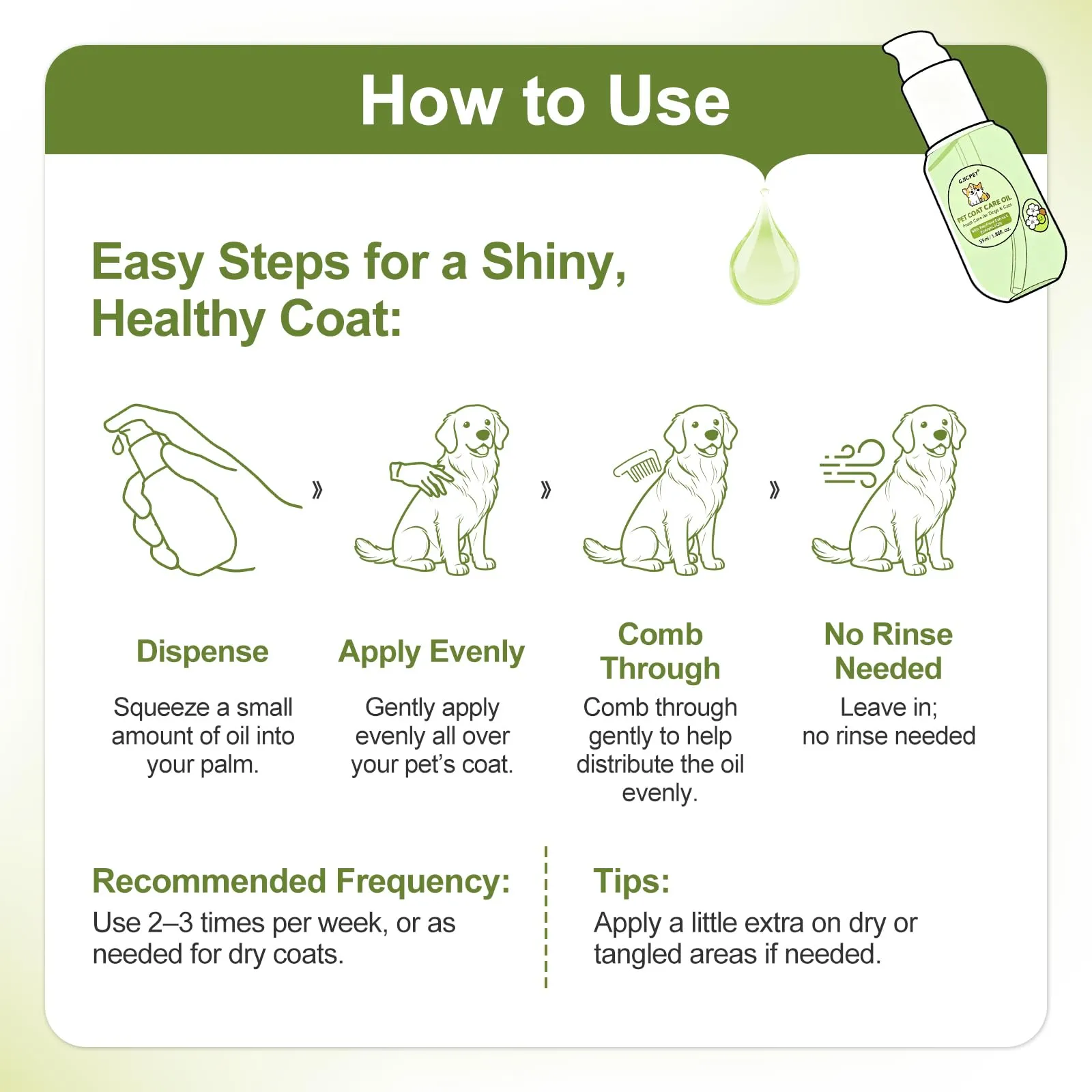 GJYC PET Olio Nutriente per Pelo di Cani e Gatti, Balsamo Leave-in Idratante e Districante, Profumo Kiwi & Floreale, 55 ml - immagine 6