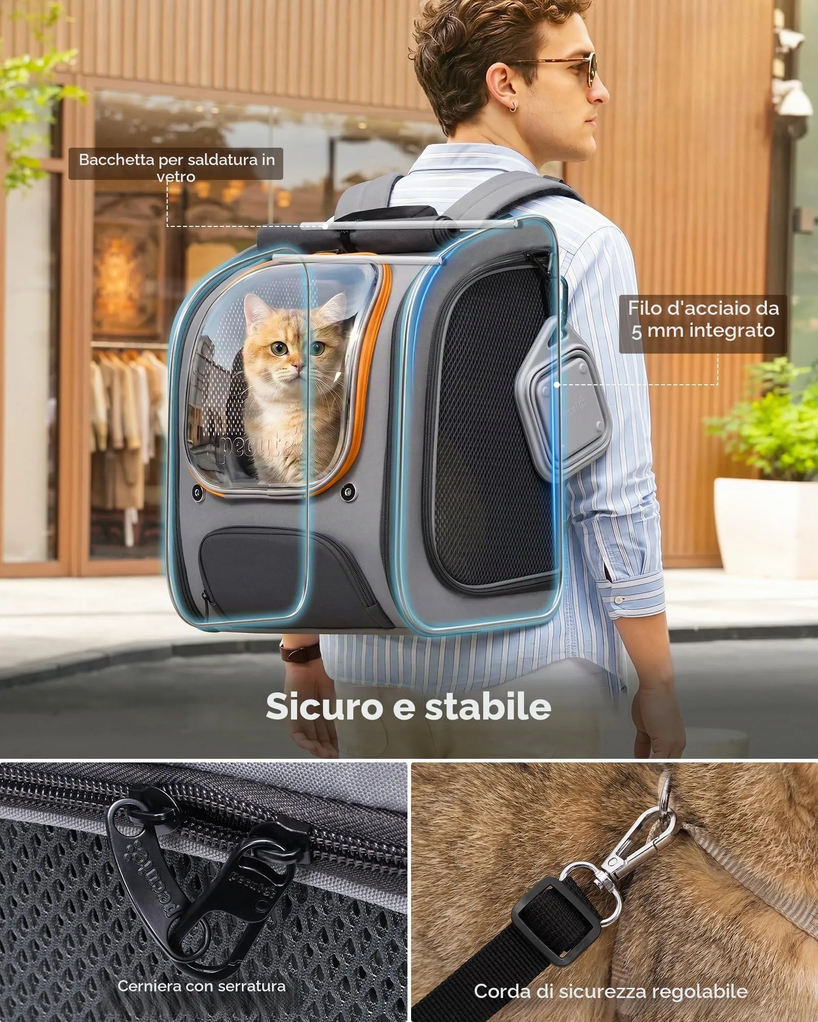 Pecute Zaino a Bolla per Gatti, Grigio - immagine 3