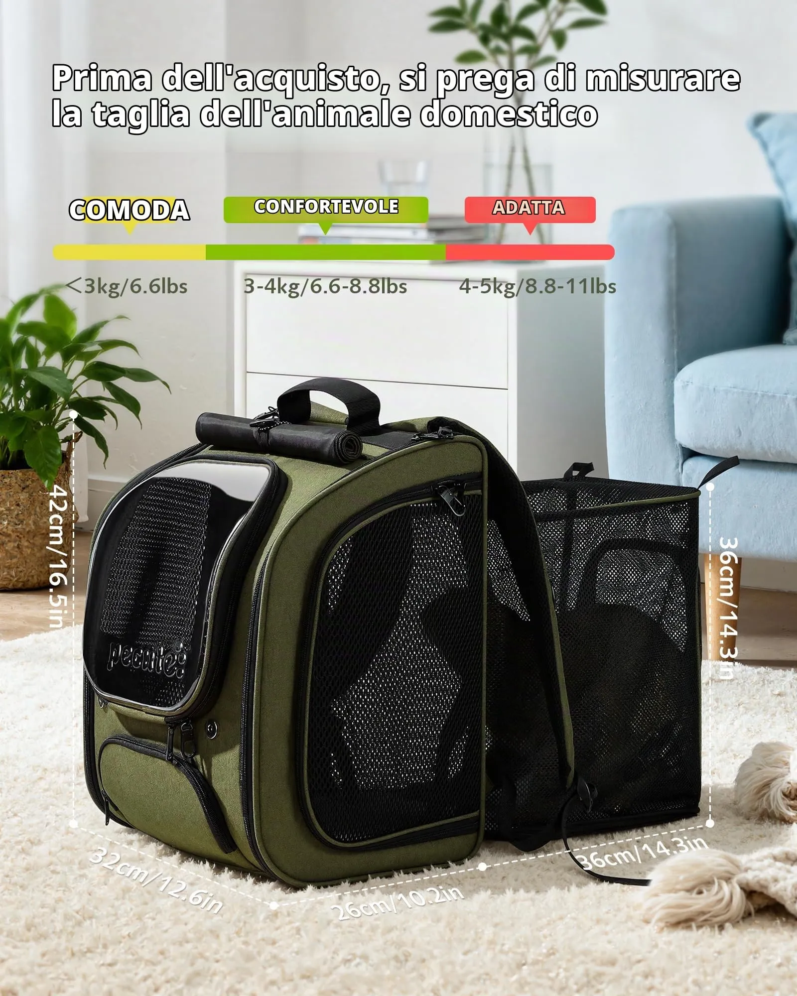 Pecute Zaino a Bolla per Gatti, Ergonomico, Verde - immagine 9