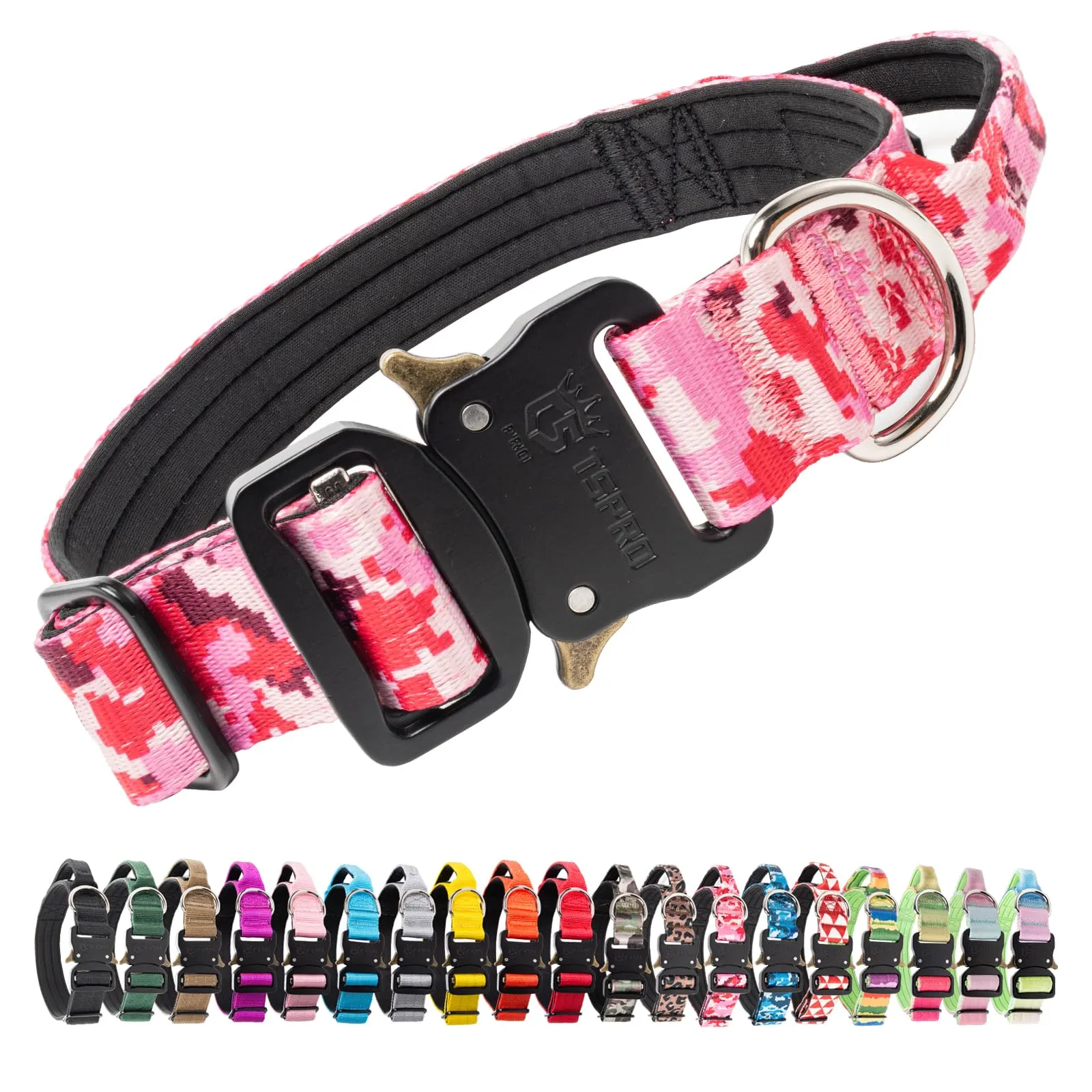 TSPRO Collare Tattico Cane con Maniglia e Fibbia a Sblocco Rapido, 3,3 cm, Camo Rosa, Taglia M (36,8–45,7 cm) - immagine 1