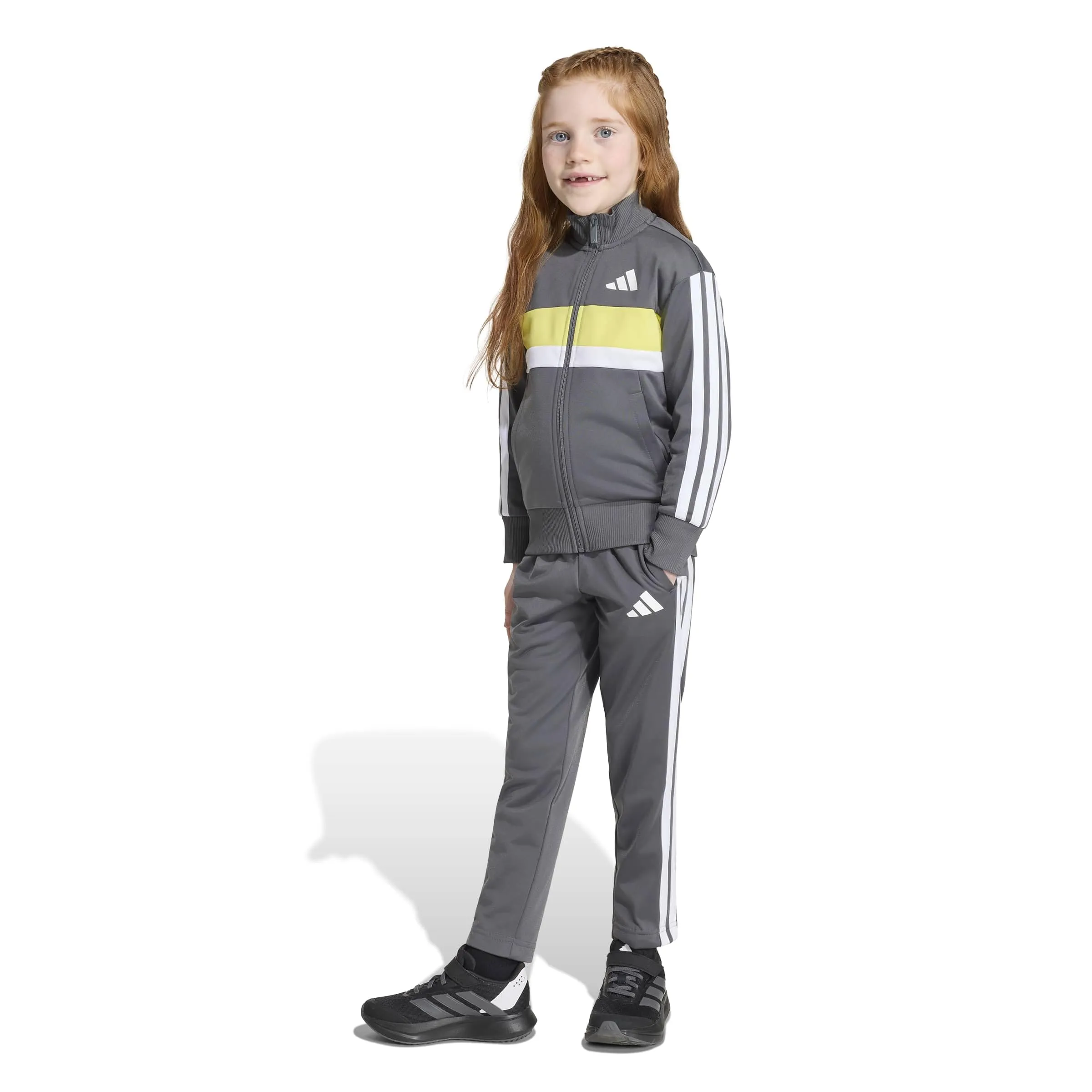 adidas Seasonal Essentials Tiberio 3 Stripes Tricot Tracksuit, Grey Five/White/Pure Lemon, 7-8 Years - immagine 3