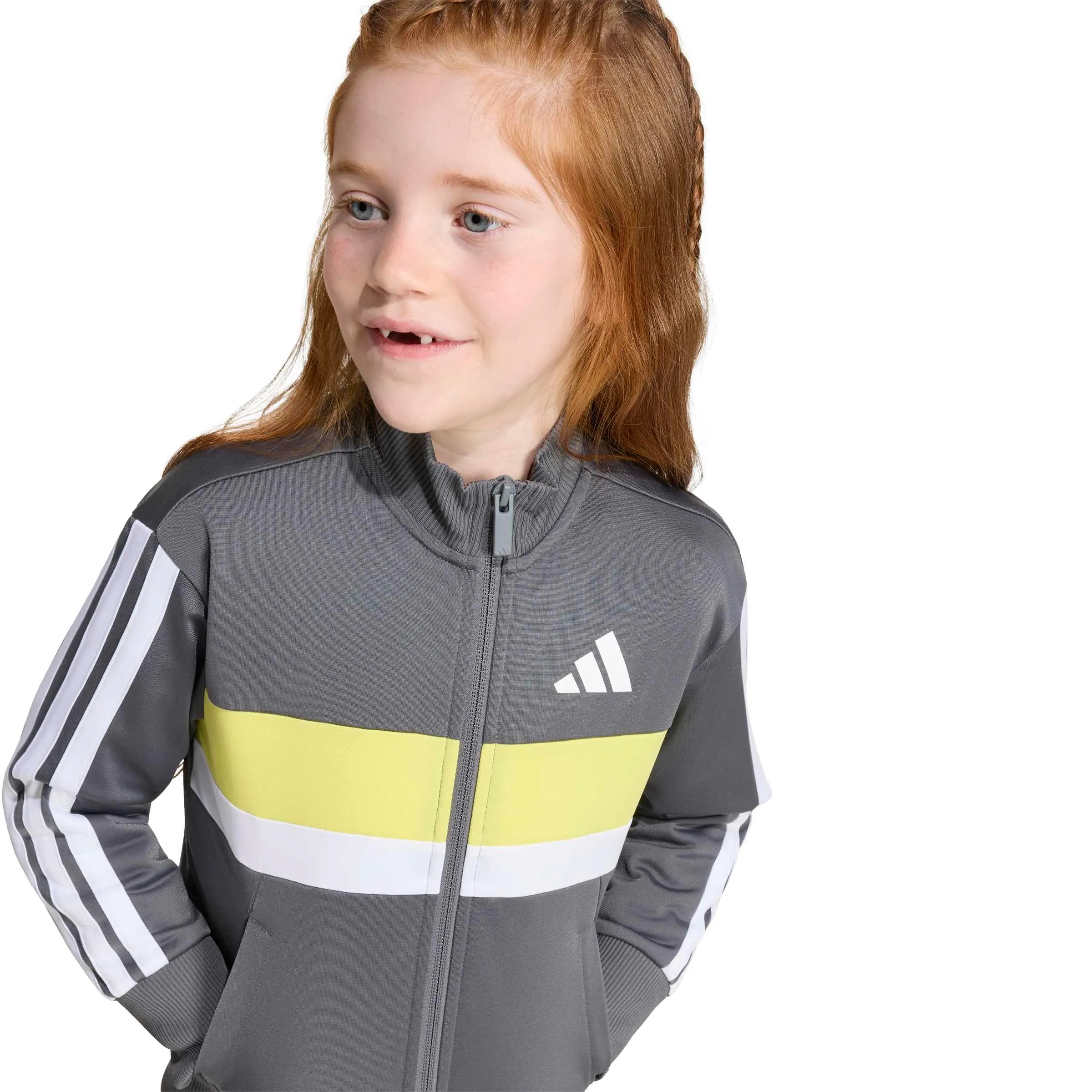 adidas Seasonal Essentials Tiberio 3 Stripes Tricot Tracksuit, Grey Five/White/Pure Lemon, 7-8 Years - immagine 4