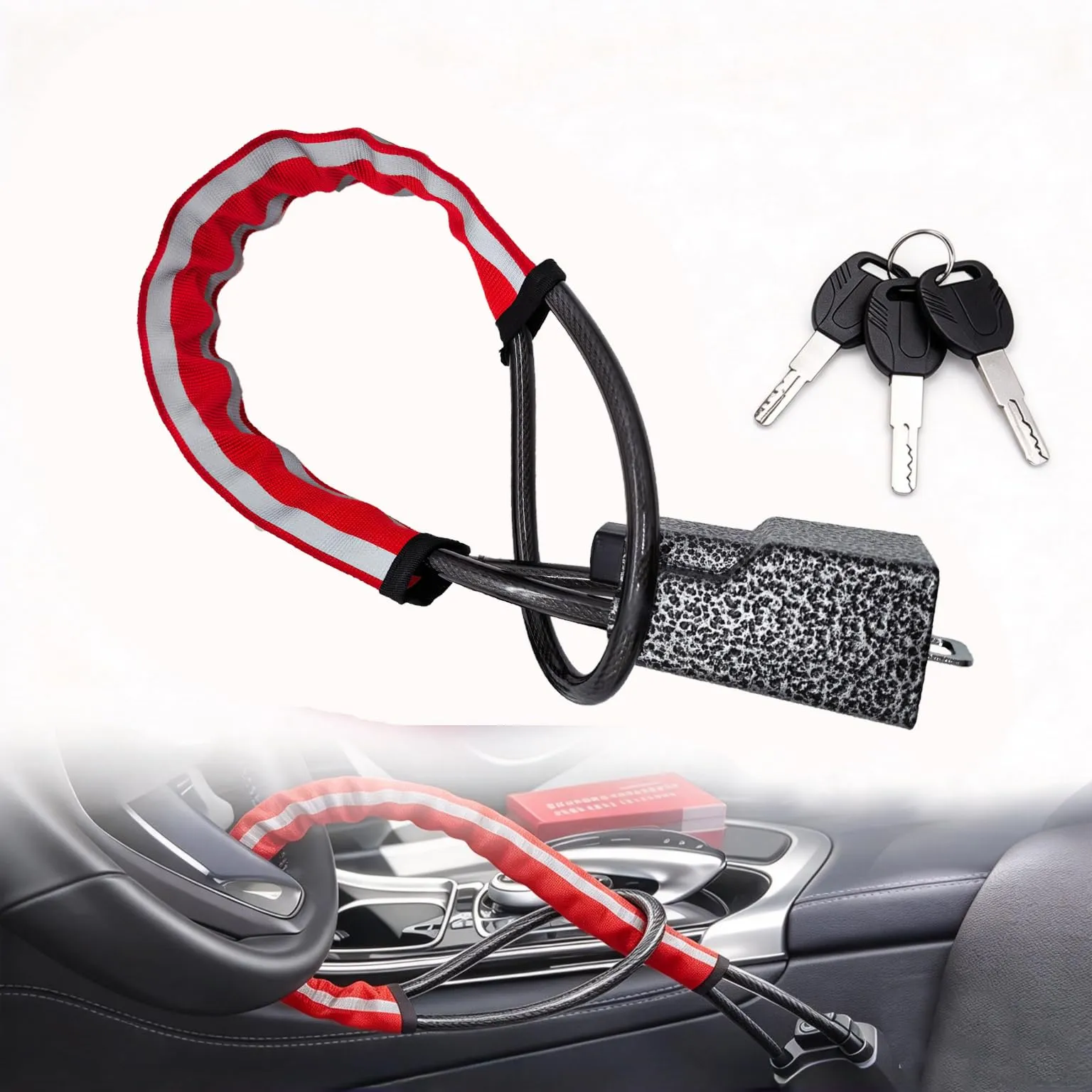 Neuytiky Bloccasterzo Antifurto Universale per Auto, SUV, Furgone e Camion, Rosso con Strisce Riflettenti, 3 Chiavi Incluse - immagine 1