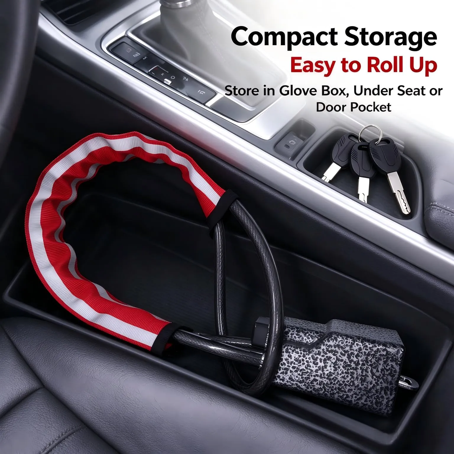 Neuytiky Bloccasterzo Antifurto Universale per Auto, SUV, Furgone e Camion, Rosso con Strisce Riflettenti, 3 Chiavi Incluse - immagine 6