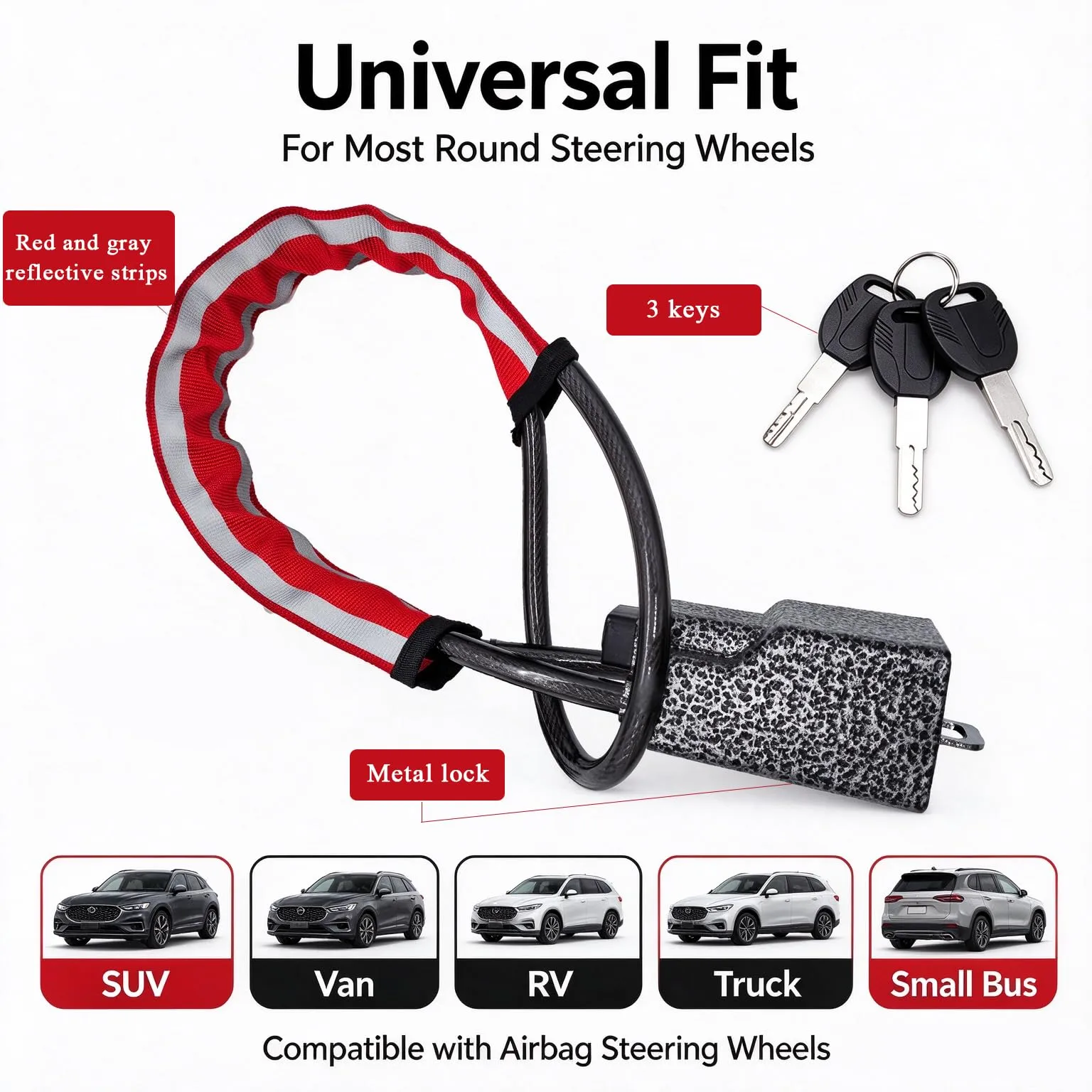 Neuytiky Bloccasterzo Antifurto Universale per Auto, SUV, Furgone e Camion, Rosso con Strisce Riflettenti, 3 Chiavi Incluse - immagine 7