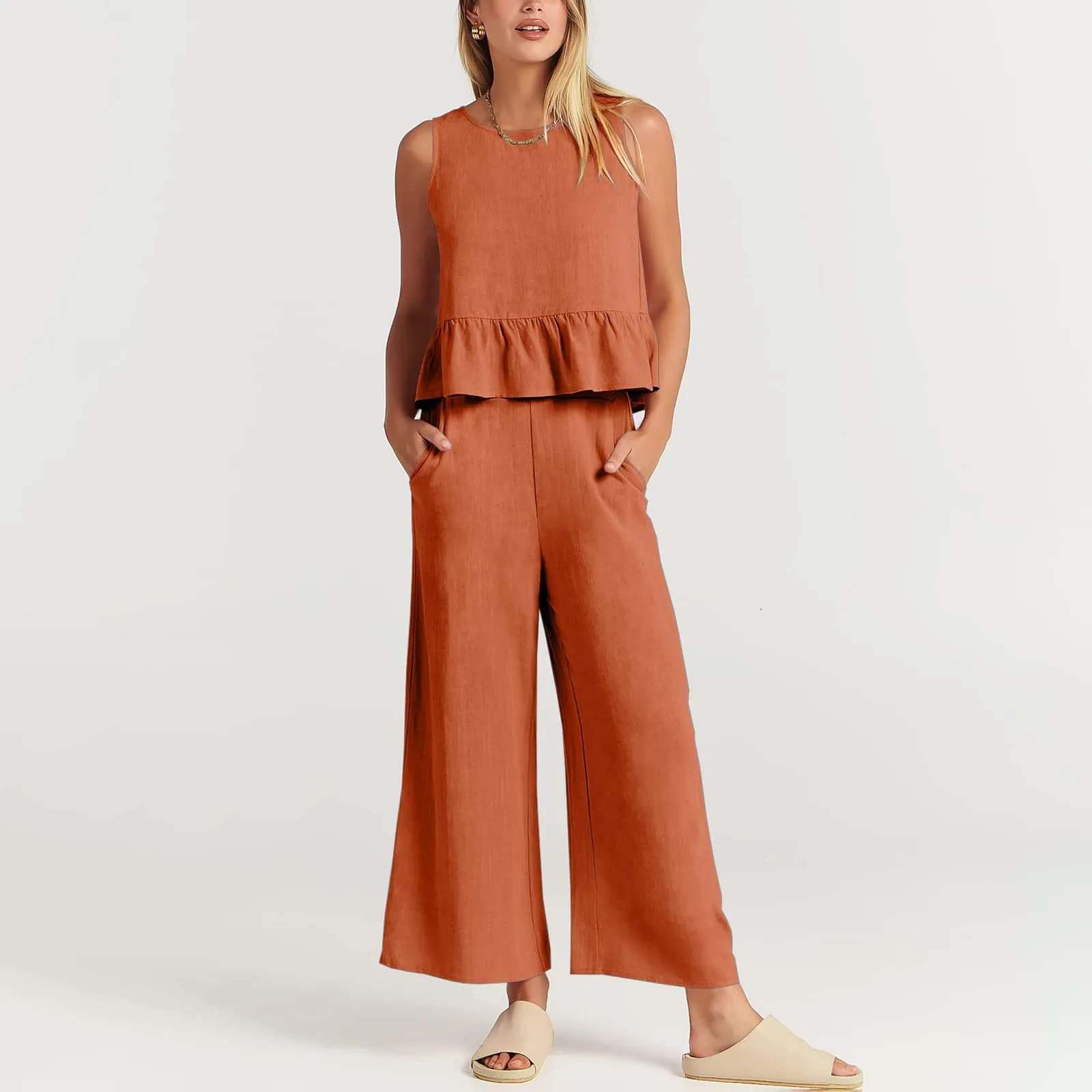 Generisch Set Donna 2 Pezzi in Mussola e Lino, Senza Maniche con Balze e Pantaloni a Gamba Larga, Arancione, S - immagine 2