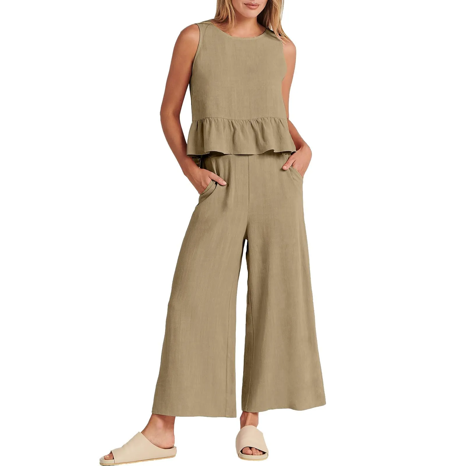 Generisch Set Donna 2 Pezzi in Mussola e Lino, Senza Maniche con Balze e Pantaloni a Gamba Larga, Beige, XL - immagine 1