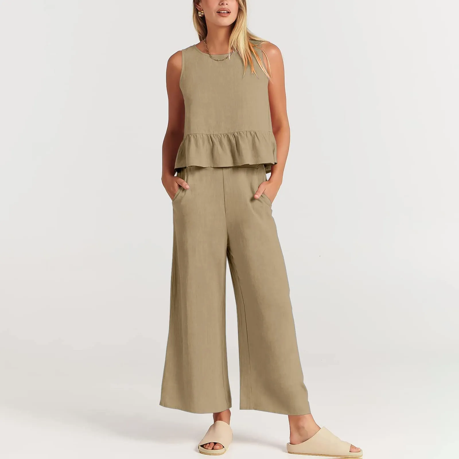 Generisch Set Donna 2 Pezzi in Mussola e Lino, Senza Maniche con Balze e Pantaloni a Gamba Larga, Beige, XL - immagine 7