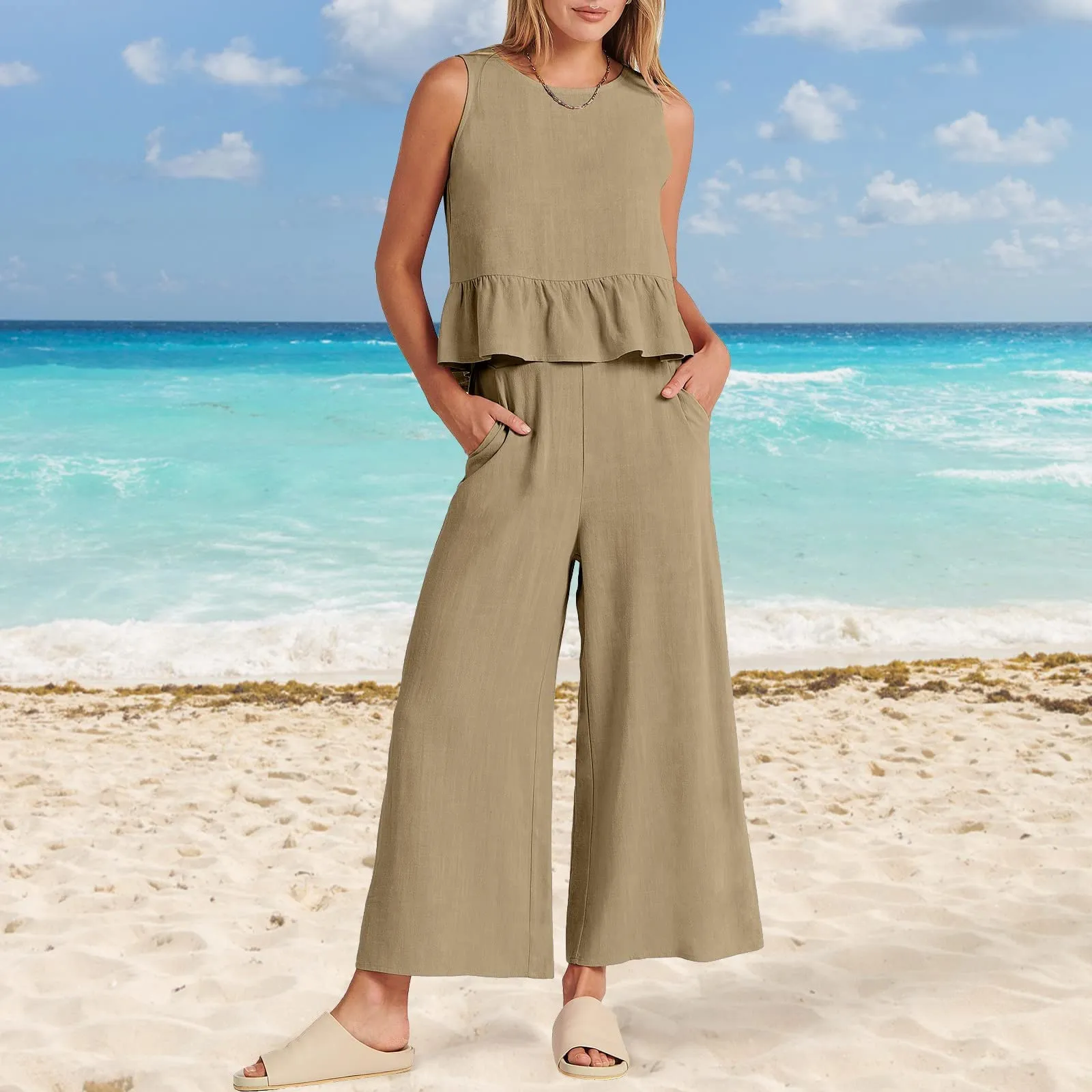 Generisch Set Tuta da Donna 2 Pezzi in Mussola e Lino, Senza Maniche con Balze e Pantaloni a Gamba Larga, Beige, M - immagine 2