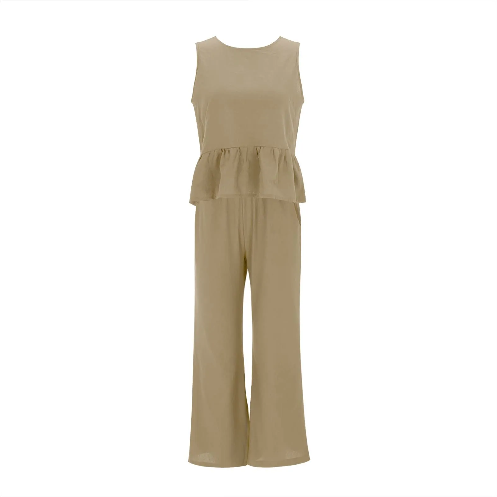 Generisch Set Tuta da Donna 2 Pezzi in Mussola e Lino, Senza Maniche con Balze e Pantaloni a Gamba Larga, Beige, M - immagine 4