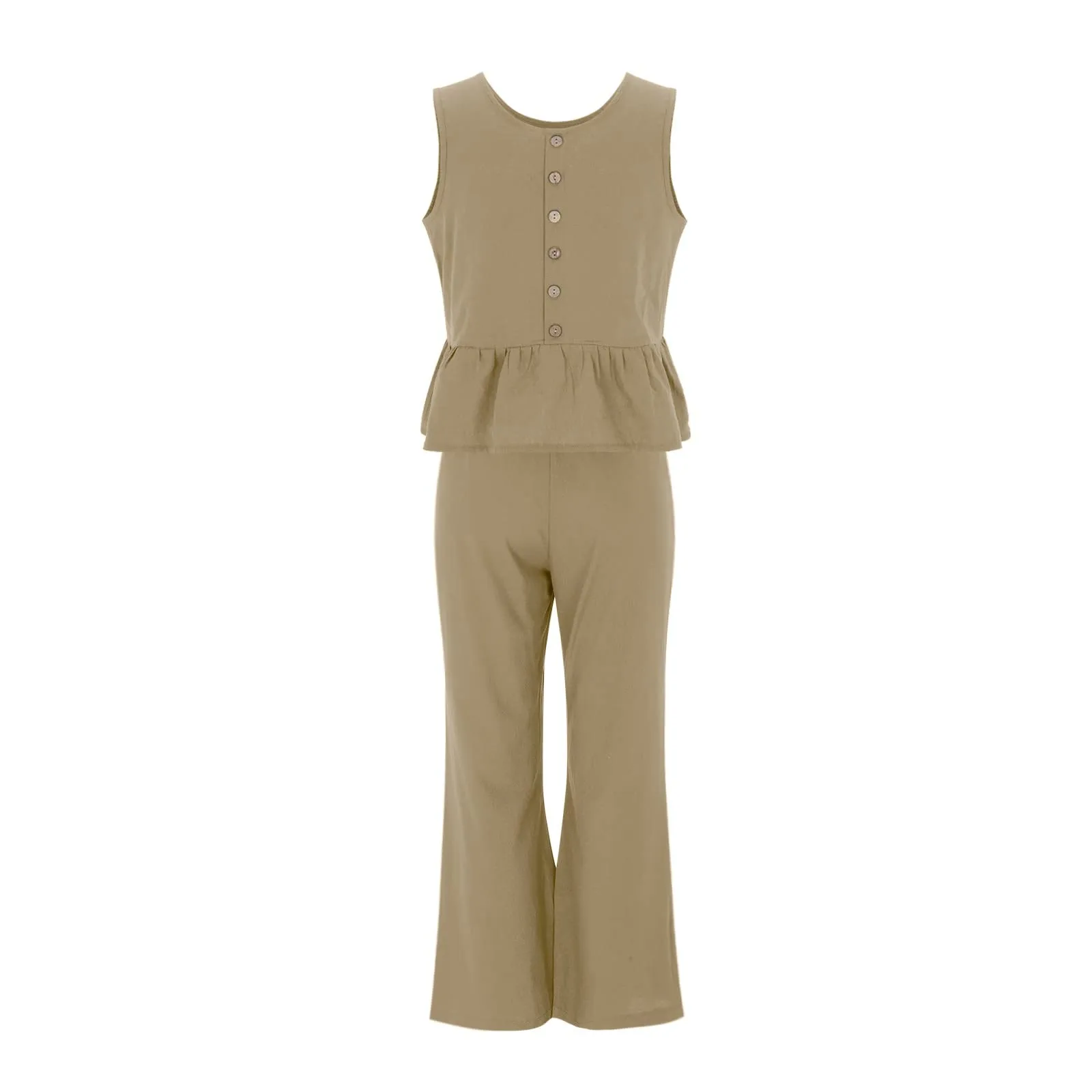 Generisch Set Tuta da Donna 2 Pezzi in Mussola e Lino, Senza Maniche con Balze e Pantaloni a Gamba Larga, Beige, M - immagine 5