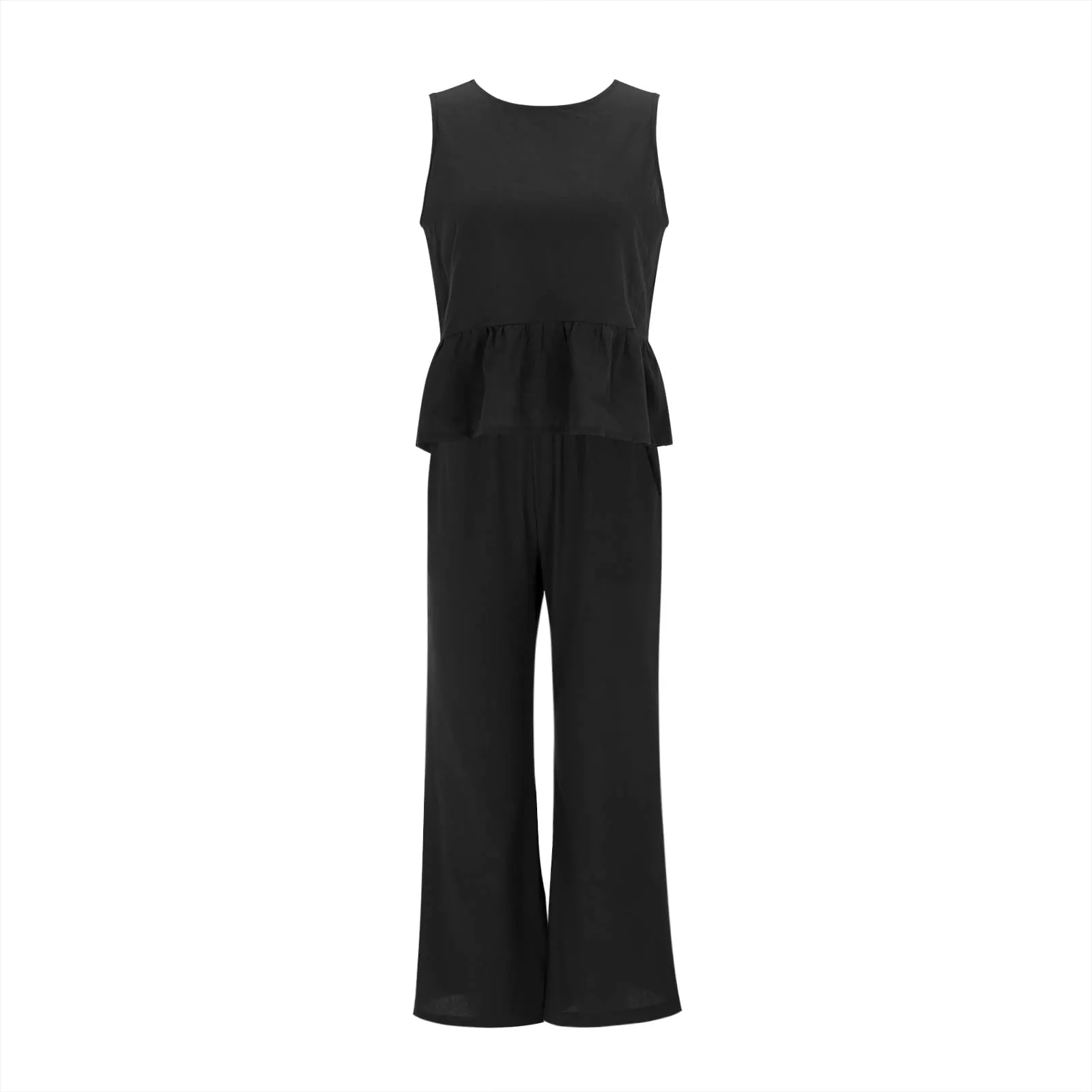 Generisch Set Donna 2 Pezzi in Mussola e Lino, Senza Maniche con Balze e Pantaloni a Gamba Larga, Nero, XXL - immagine 4