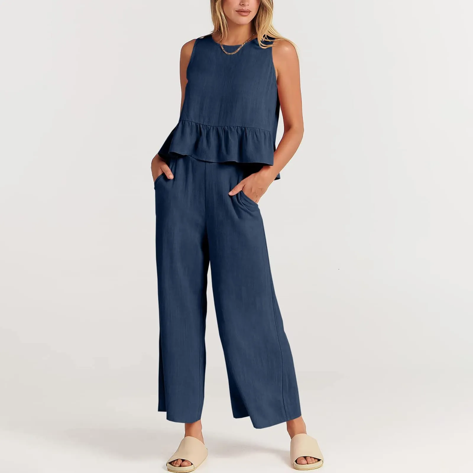 Generisch Set Tuta Donna 2 Pezzi in Mussola e Lino, Senza Maniche con Balze e Pantaloni a Gamba Larga, Blu Scuro, XL - immagine 7