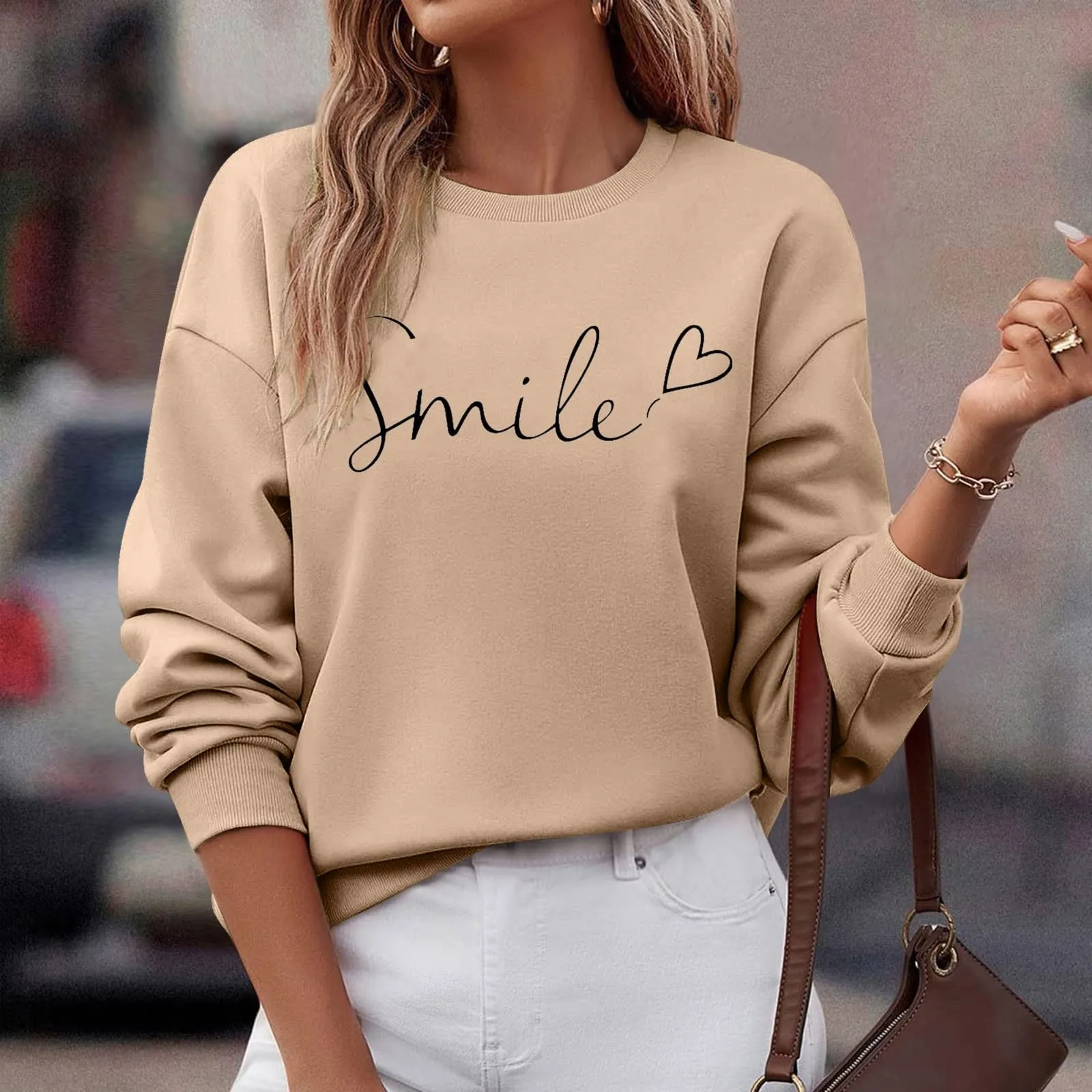 Gefomuofe Felpa da donna Smile Lettera Stampa, cachi, XL - immagine 5