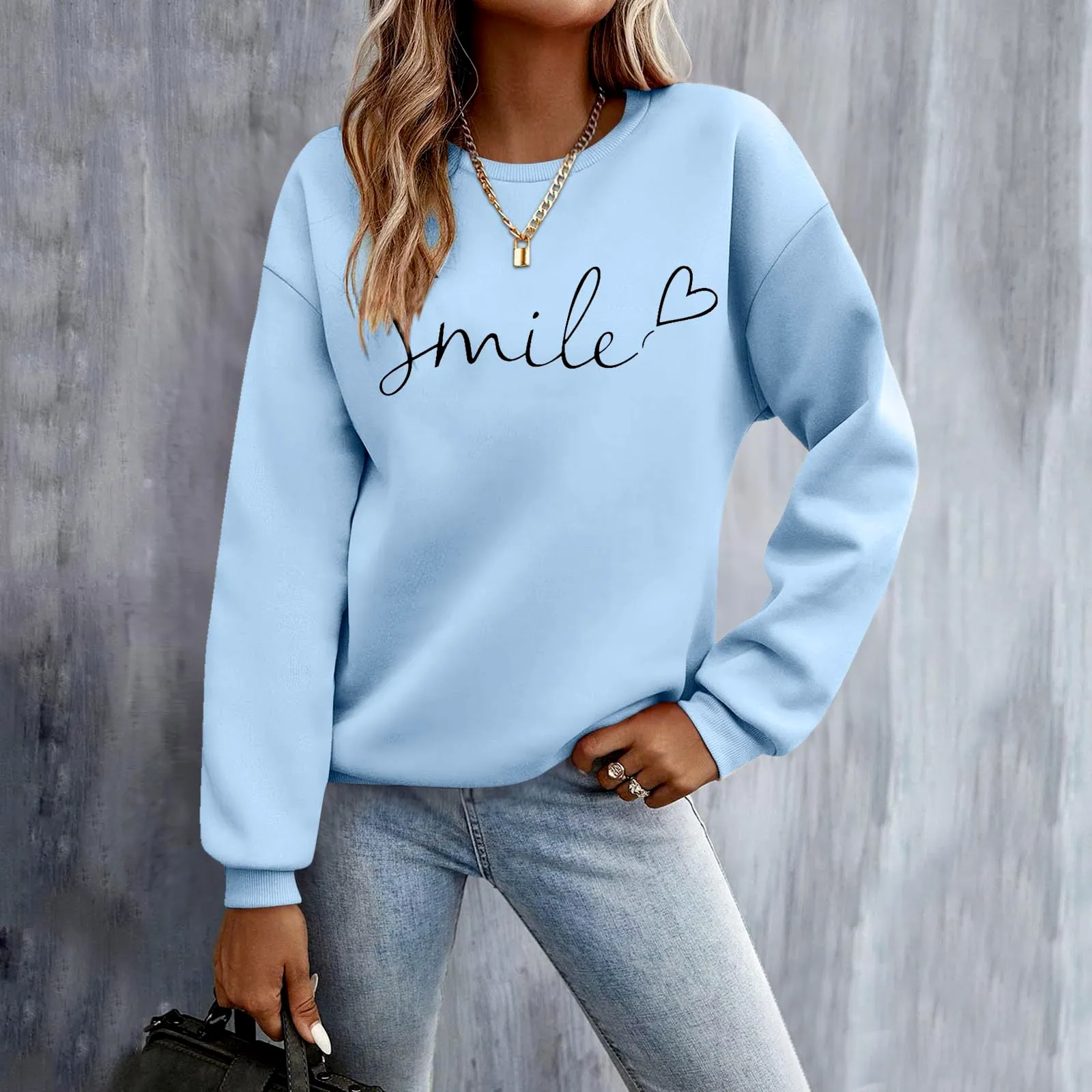 Gefomuofe Felpa da donna Smile Lettera Stampa, Azzurro, XL - immagine 2
