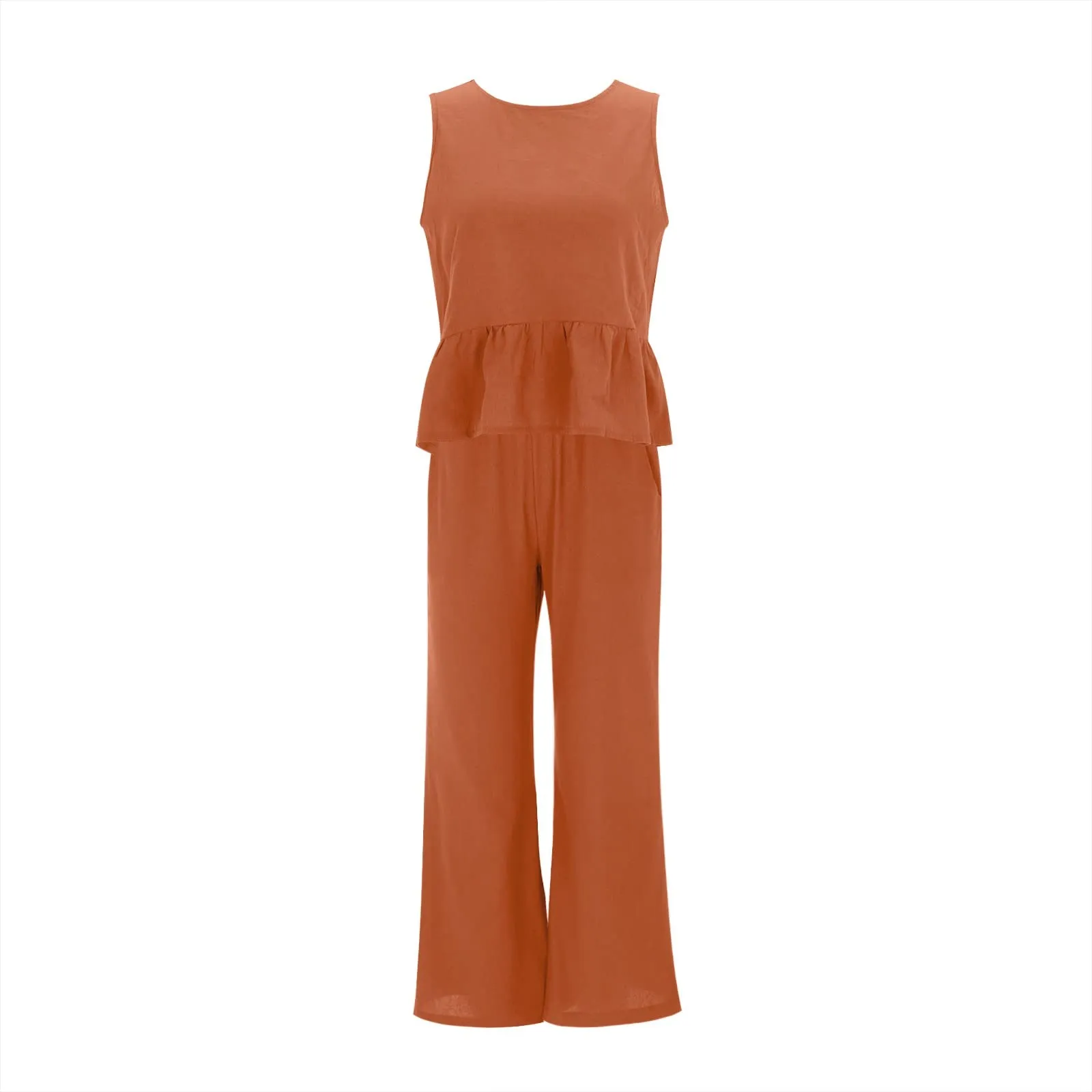 Generisch Set Donna 2 Pezzi in Mussola e Lino, Senza Maniche con Balze e Pantaloni a Gamba Larga, Arancione, M - immagine 4