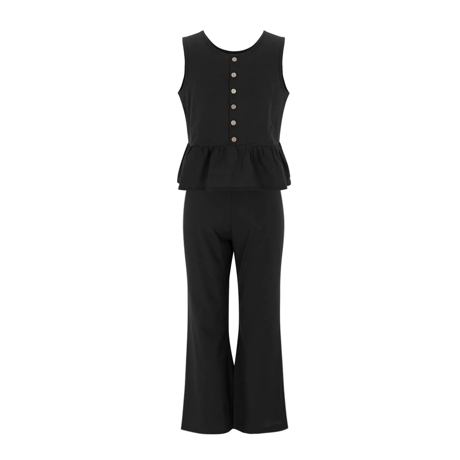 Generisch Set Donna 2 Pezzi in Mussola e Lino, Senza Maniche con Balze e Pantaloni a Gamba Larga, Nero, XL - immagine 5