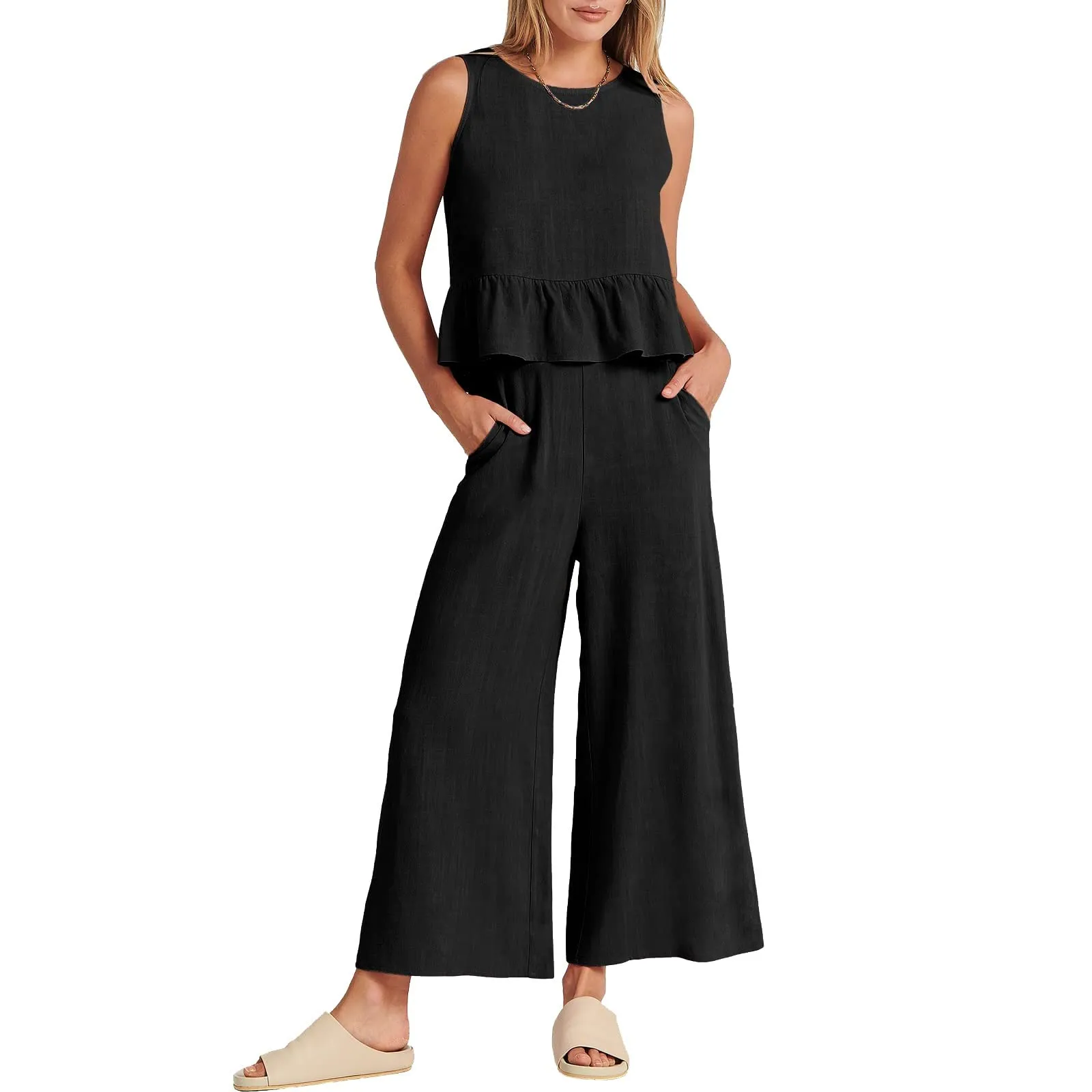 Generisch Set Tuta da Donna 2 Pezzi in Mussola e Lino, Senza Maniche con Balze e Pantaloni a Gamba Larga, Nero, M - immagine 7