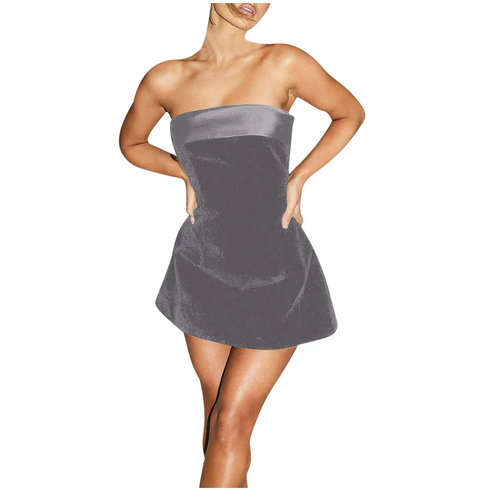 Masrin Abito da Ballo in Velluto, a Tubo, Senza Spalline, Grigio, XL - immagine 1