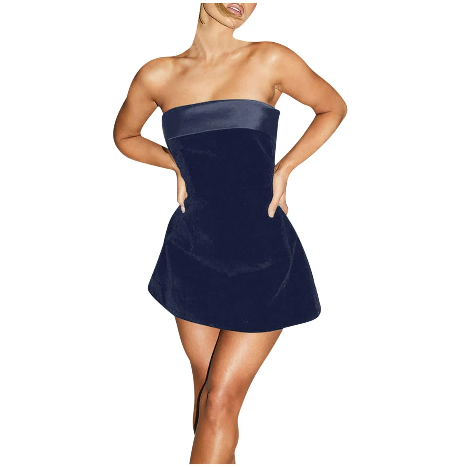 Masrin Abito da ballo in velluto a tubo extra corto senza spalline, Blu marino, L - immagine 1