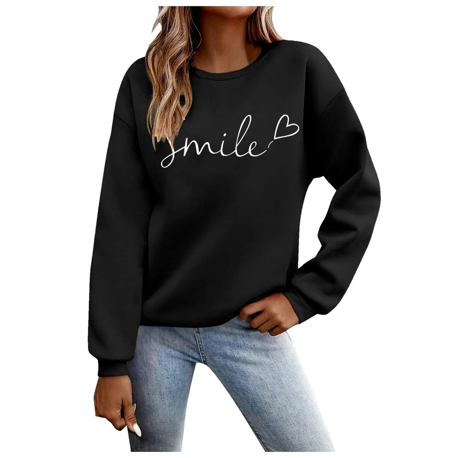 Gefomuofe Felpa da donna Smile Lettera Stampa, Nero, M - immagine 1