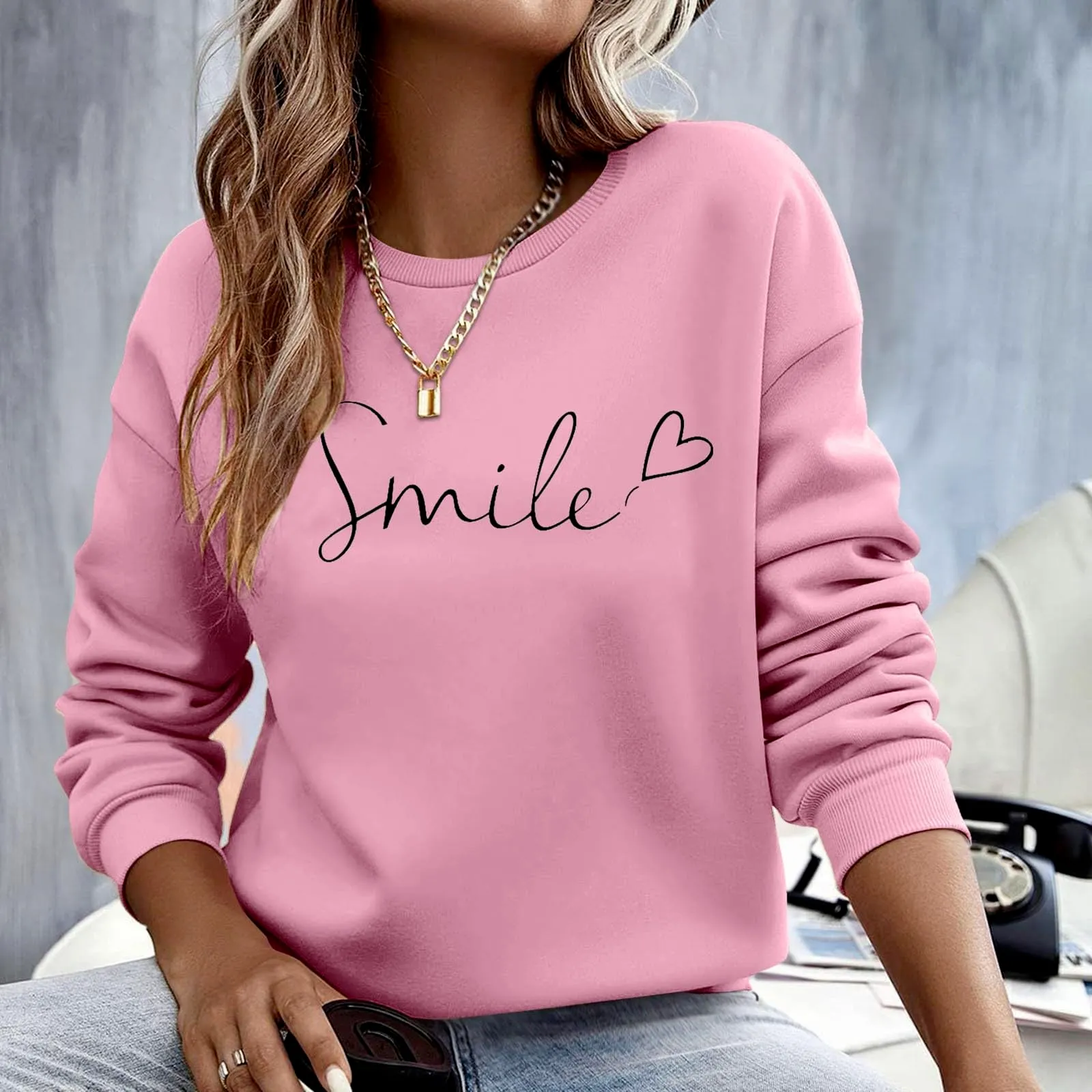 Gefomuofe Felpa da Donna Smile Lettera Stampa, Girocollo Manica Lunga, Rosa, L - immagine 6