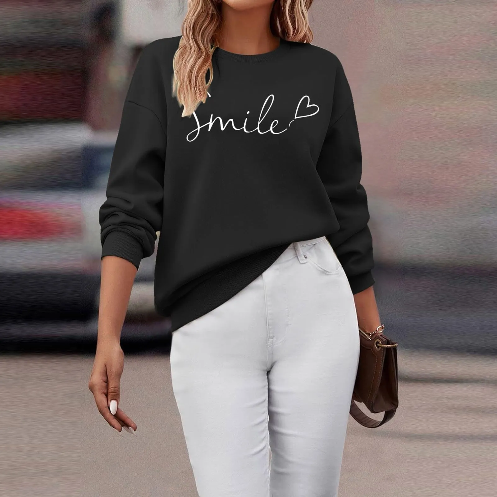 Gefomuofe Felpa da donna Smile Lettera Stampa, Nero, XL - immagine 6