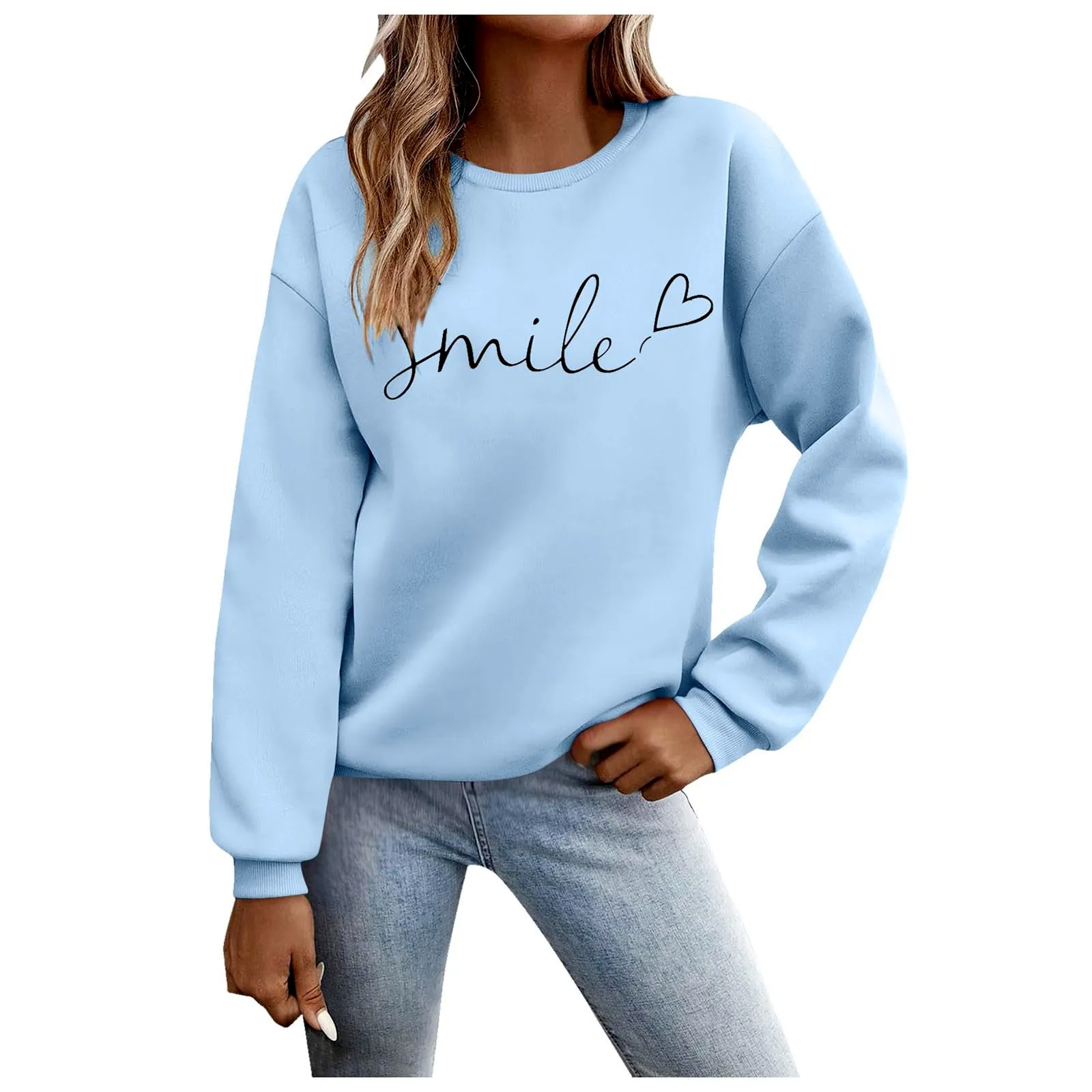 Gefomuofe Felpa da donna Smile Lettera Stampa Girocollo Manica Lunga, Azzurro, S - immagine 1