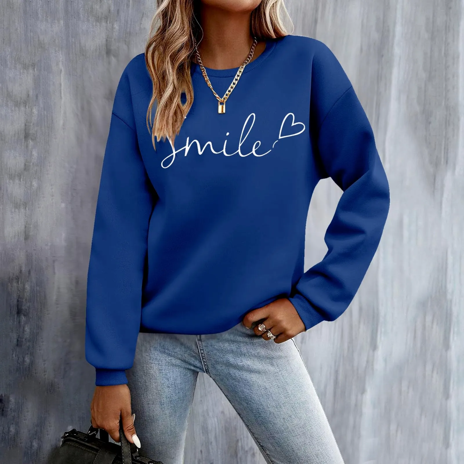 Gefomuofe Felpa da Donna Smile Lettera Stampa, Blu Marino, XL - immagine 2