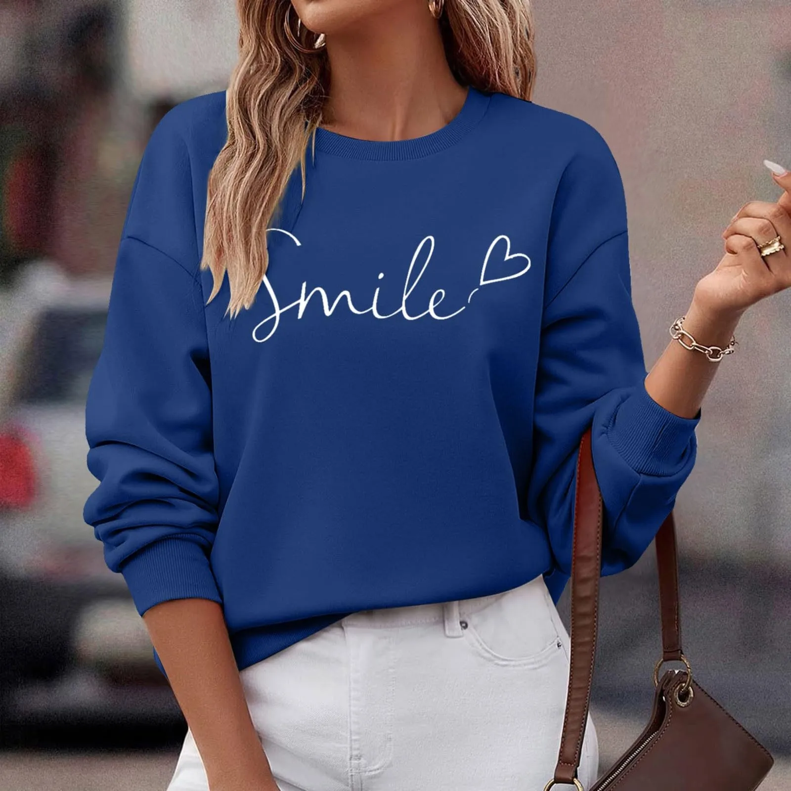 Gefomuofe Felpa da Donna Smile Lettera Stampa, Blu Marino, XL - immagine 3