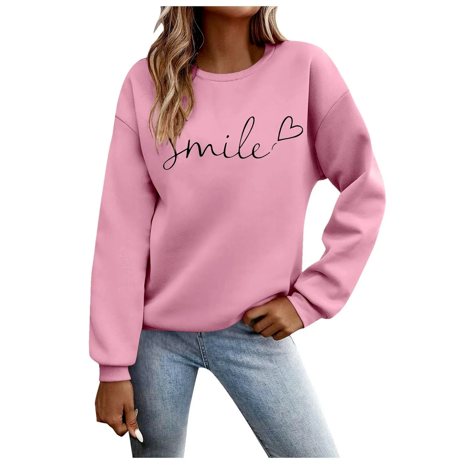 Gefomuofe Felpa da Donna Smile Lettera Stampa, Rosa, S - immagine 1