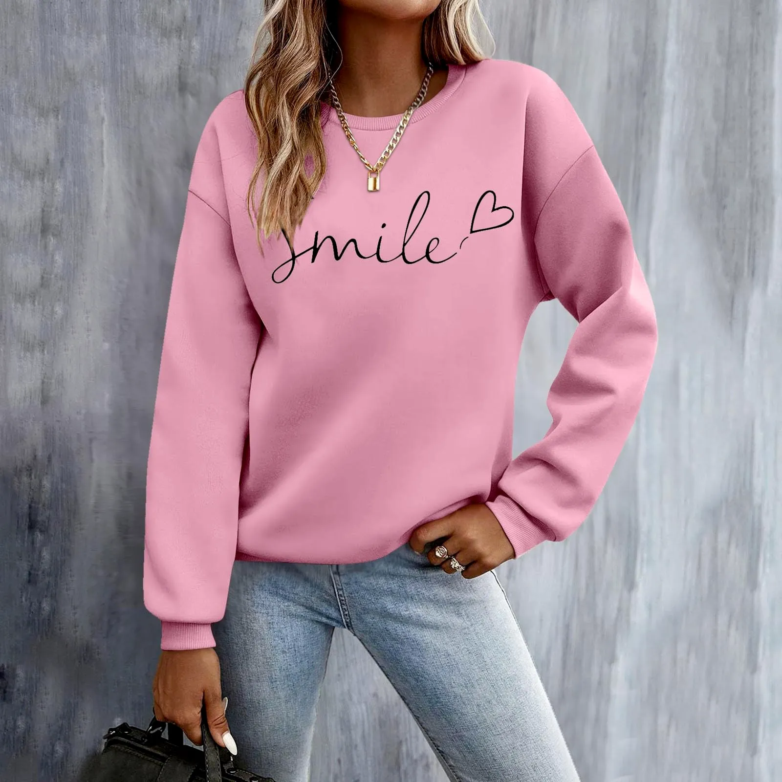 Gefomuofe Felpa da Donna Smile Lettera Stampa, Rosa, S - immagine 2
