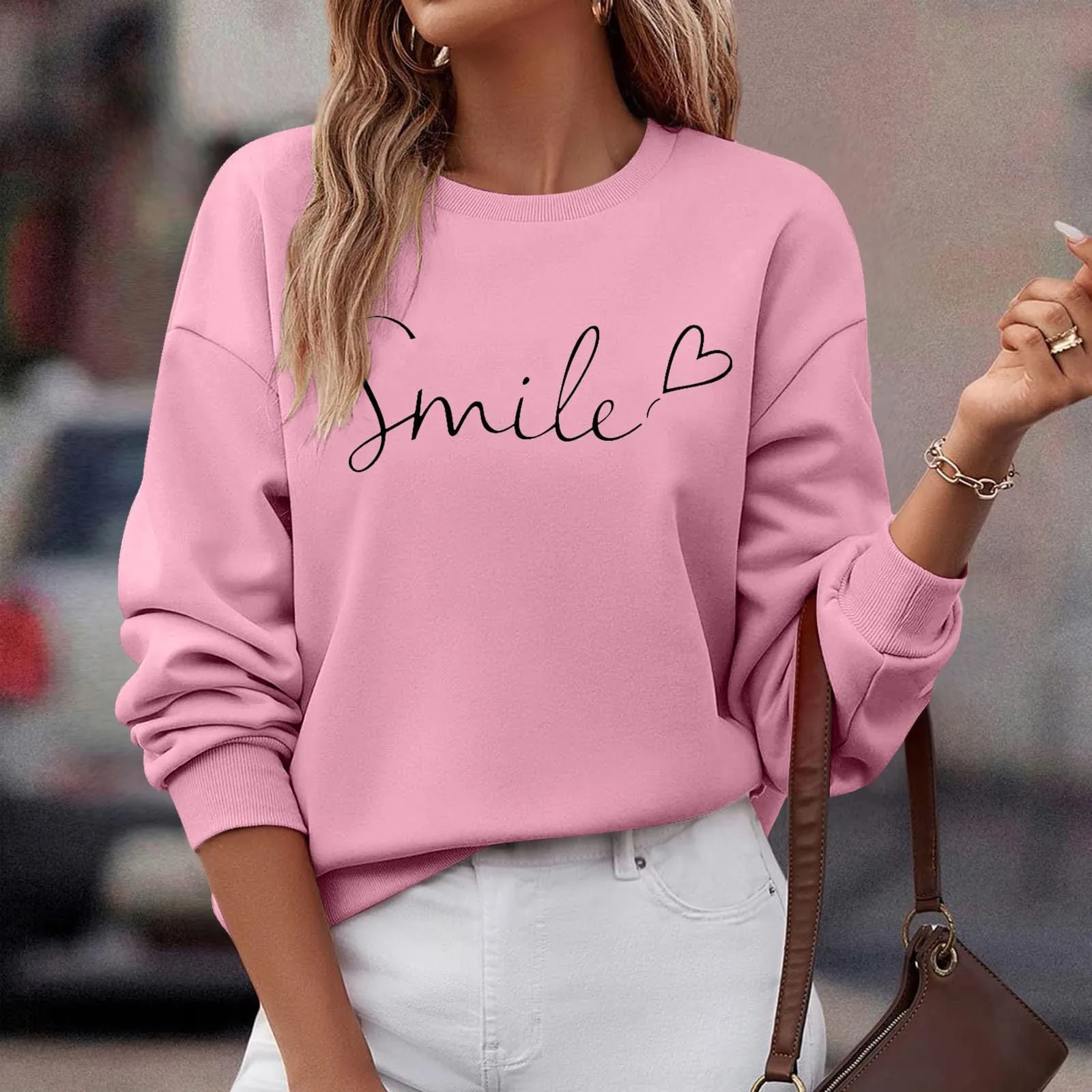 Gefomuofe Felpa da Donna Smile Lettera Stampa, Rosa, S - immagine 4
