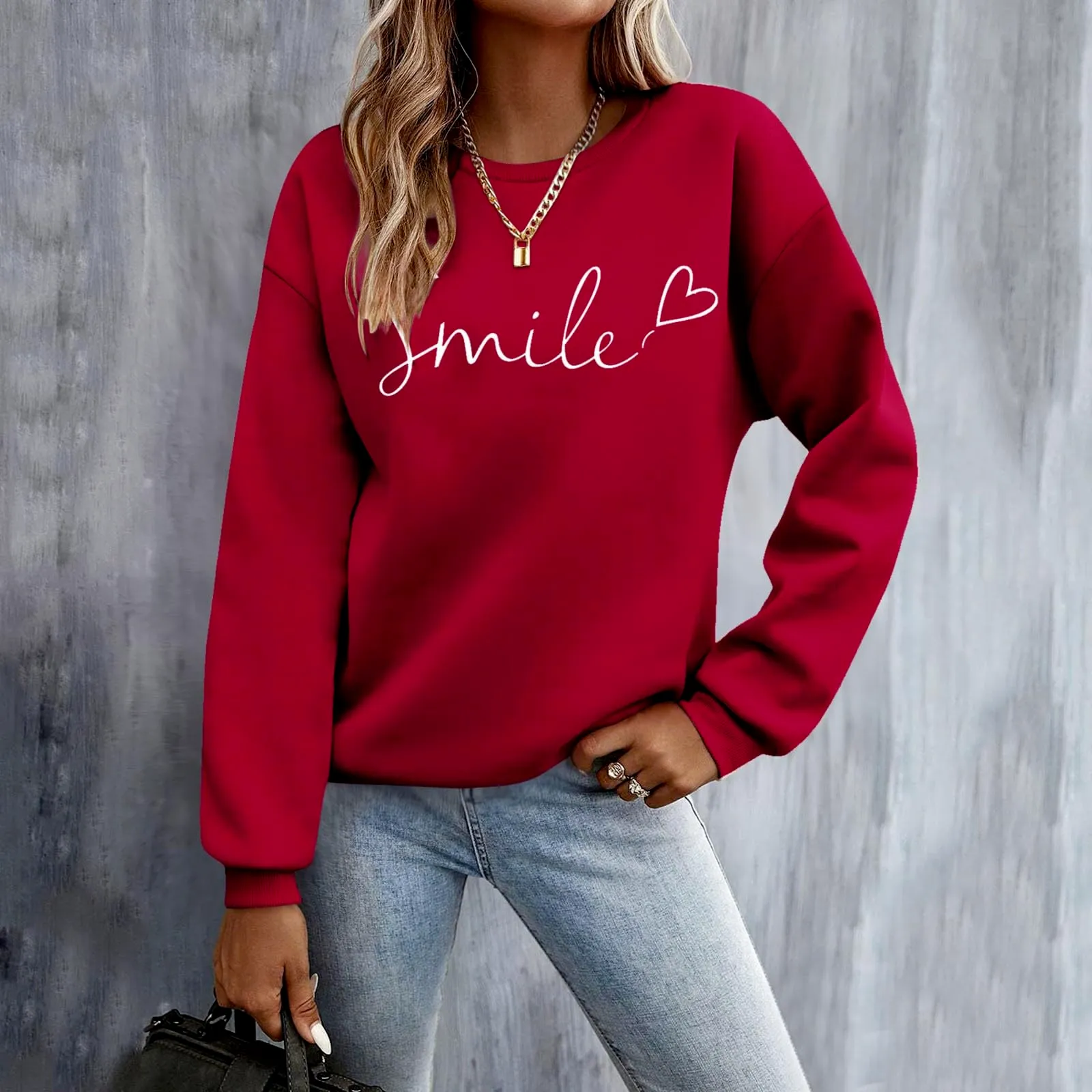 Gefomuofe Felpa da Donna Smile Lettera Stampa, Rosso, M - immagine 2