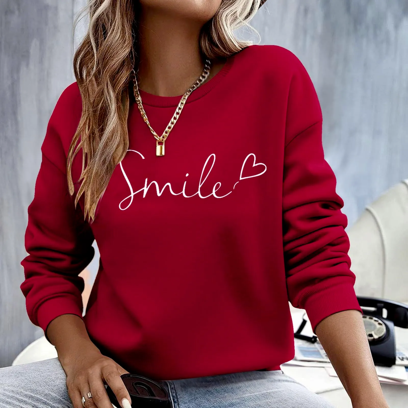 Gefomuofe Felpa da Donna Smile Lettera Stampa, Rosso, M - immagine 7