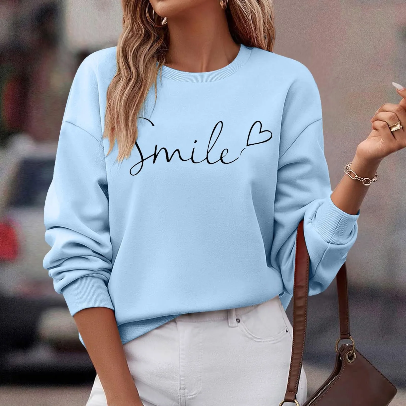 Gefomuofe Felpa da donna Smile Lettera Stampa Girocollo Manica Lunga, Azzurro, M - immagine 4