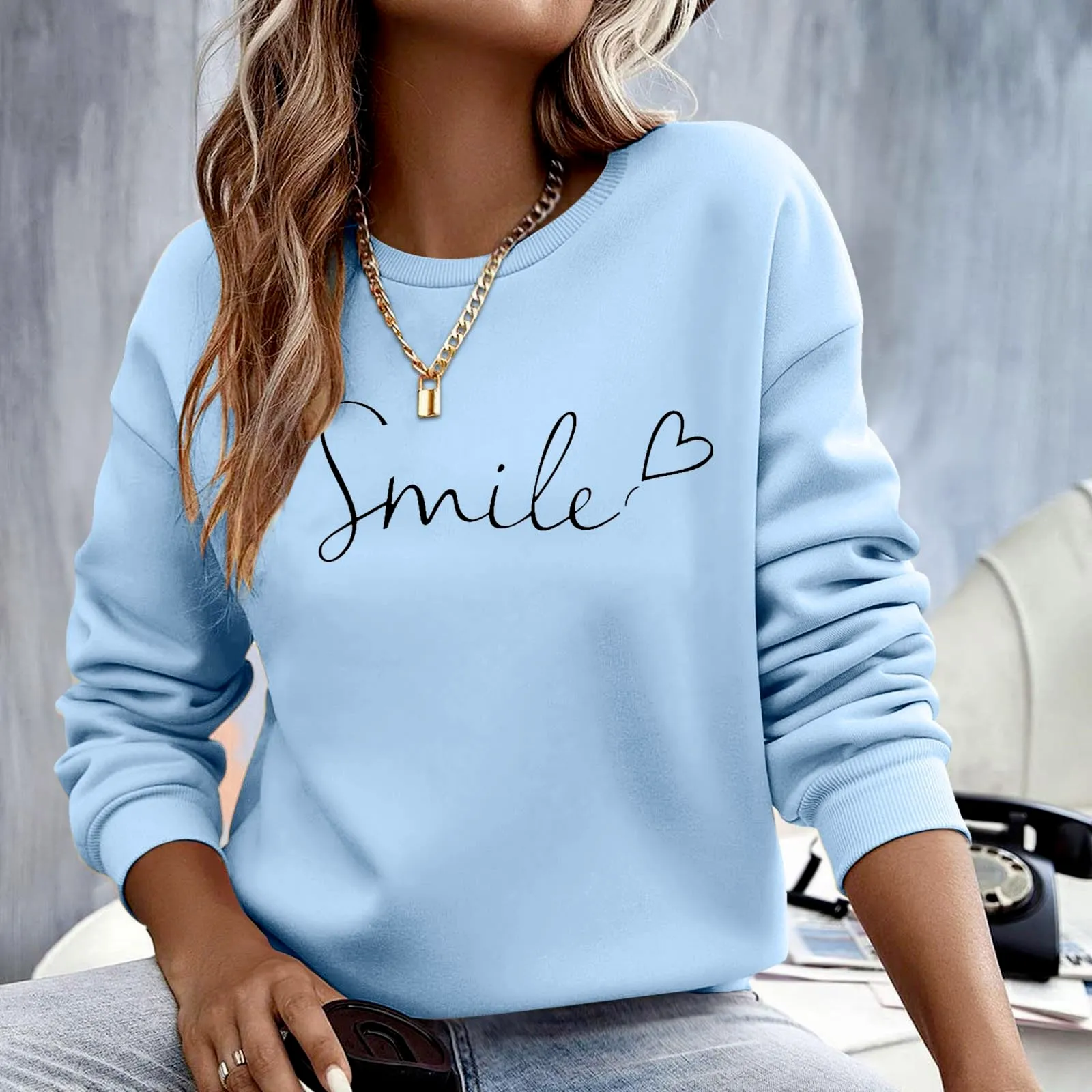 Gefomuofe Felpa da donna Smile Lettera Stampa Girocollo Manica Lunga, Azzurro, M - immagine 7