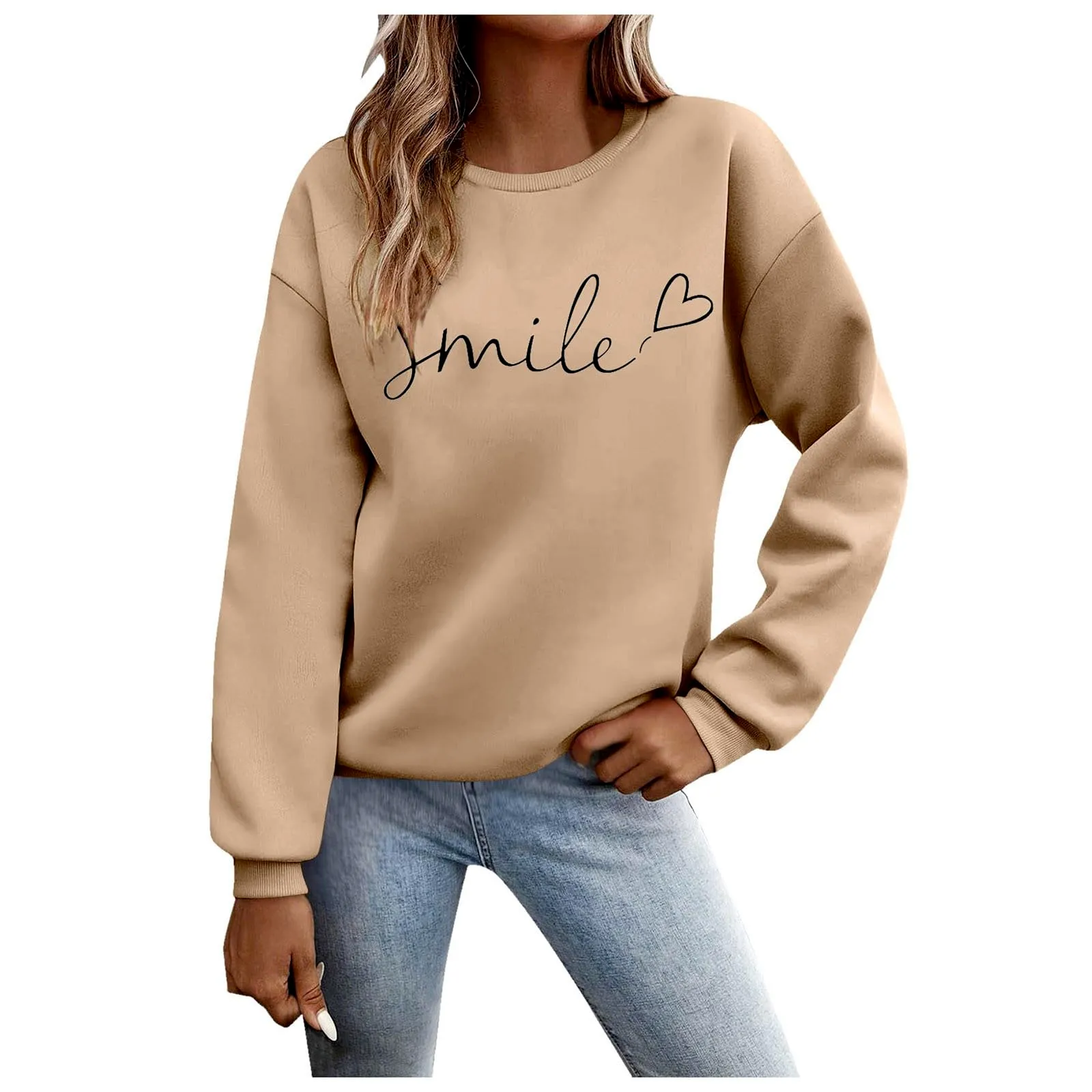 Gefomuofe Felpa da Donna Smile Lettera Stampa, Cachi, XXL - immagine 1