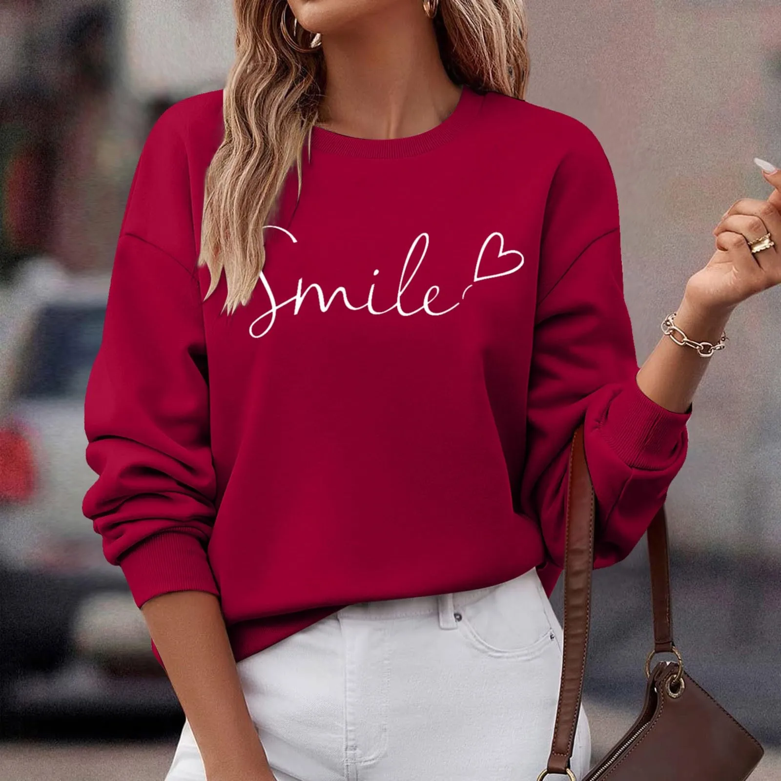Gefomuofe Felpa da donna Smile Lettera Stampa, Rosso, XXL - immagine 4