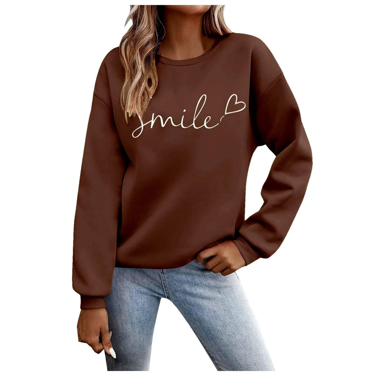 Gefomuofe Felpa da Donna Smile Lettera Stampa Girocollo Manica Lunga, Marrone, XXL - immagine 1