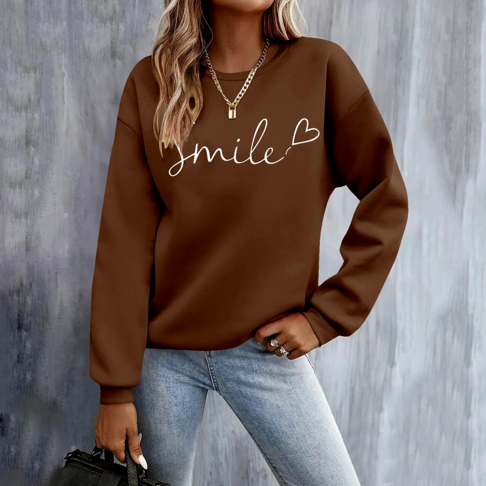 Gefomuofe Felpa da Donna Smile Lettera Stampa Girocollo Manica Lunga, Marrone, XXL - immagine 2