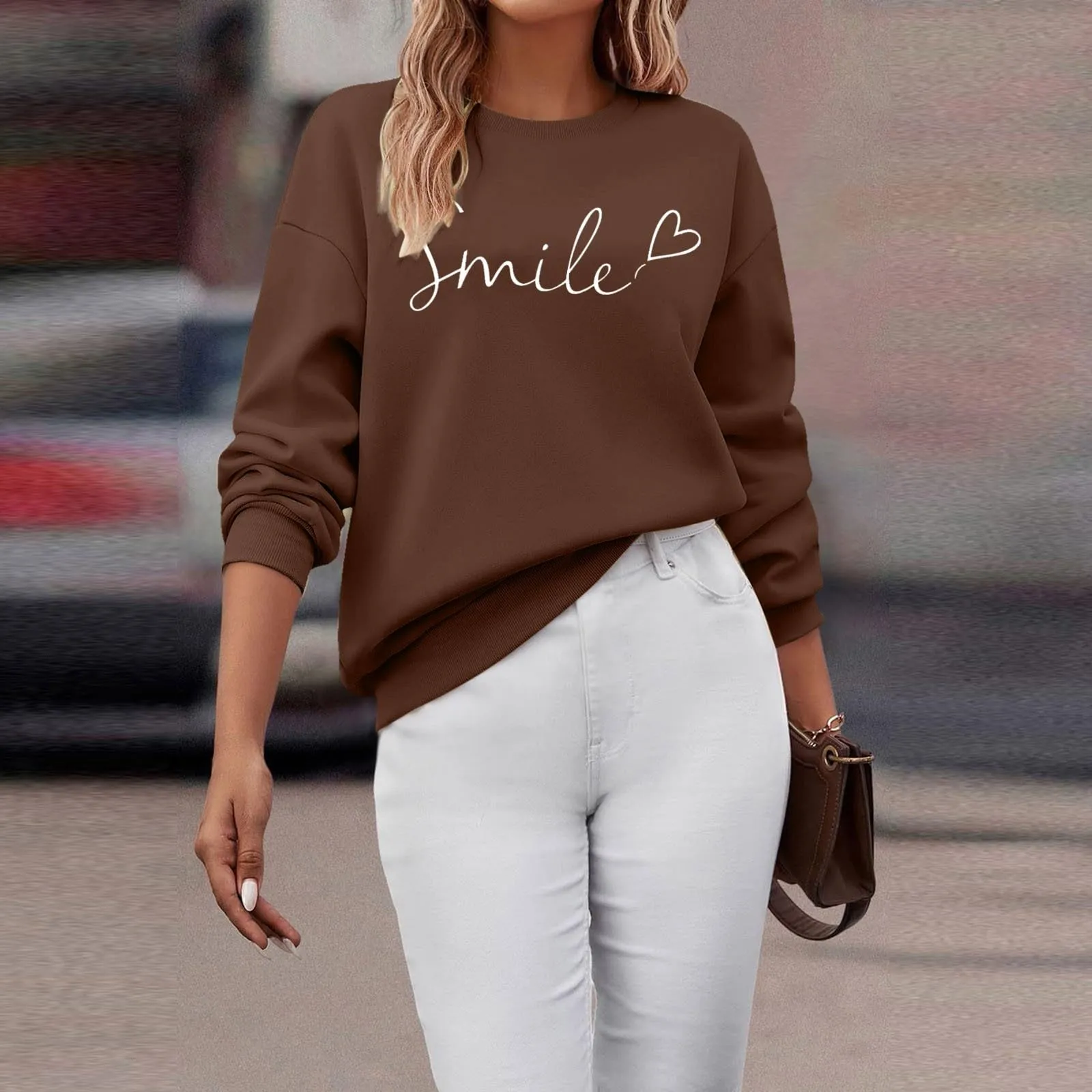 Gefomuofe Felpa da Donna Smile Lettera Stampa Girocollo Manica Lunga, Marrone, XXL - immagine 5