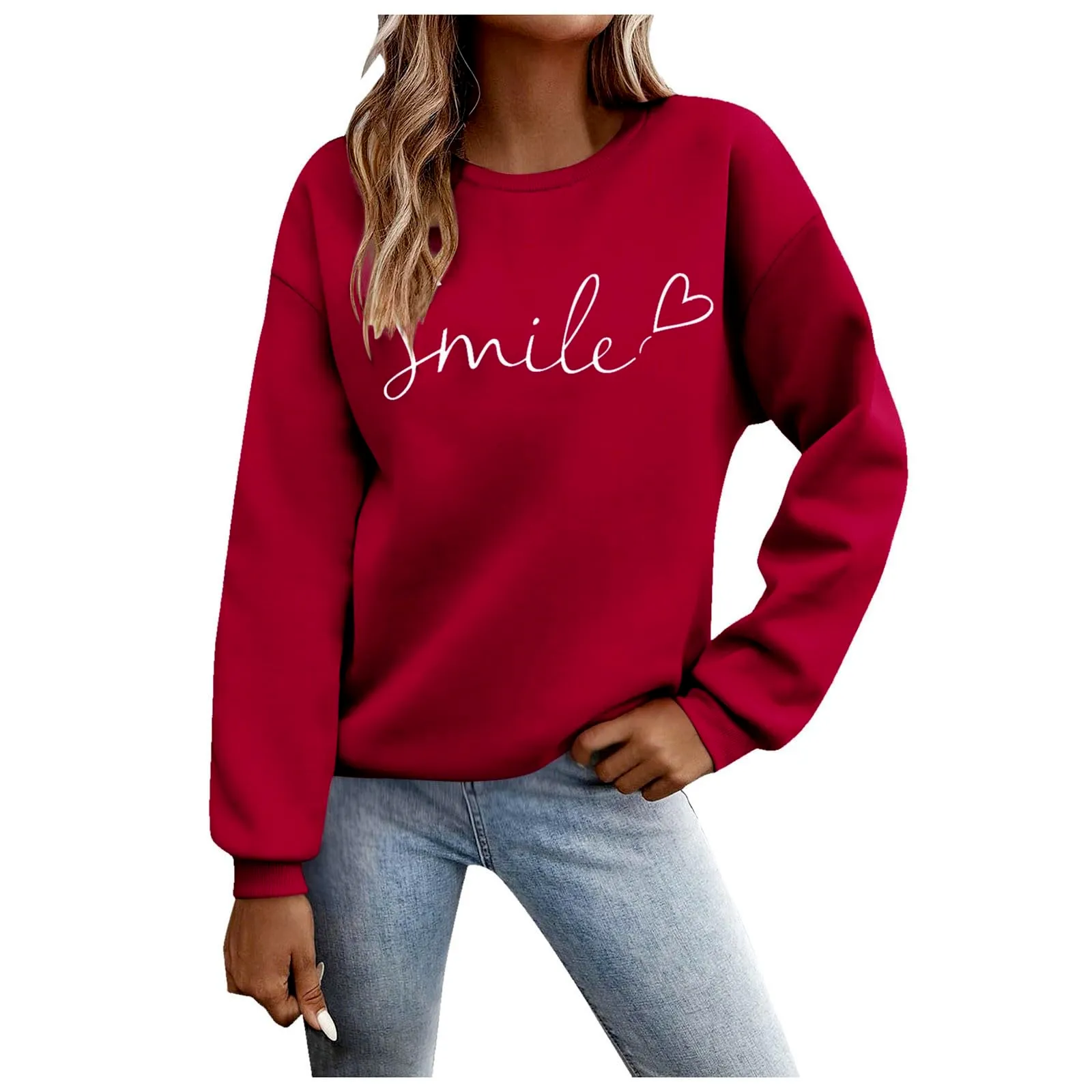 Gefomuofe Felpa da Donna Smile Lettera Stampa Girocollo Manica Lunga, Rosso, XL - immagine 1