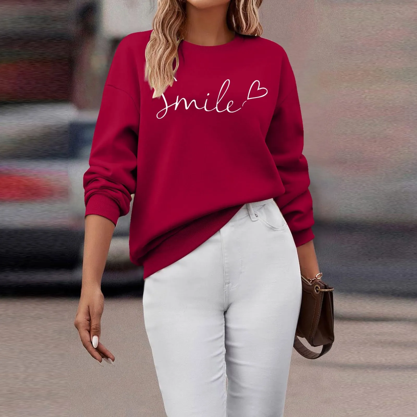 Gefomuofe Felpa da donna Smile Lettera Stampa, Rosso, S - immagine 5