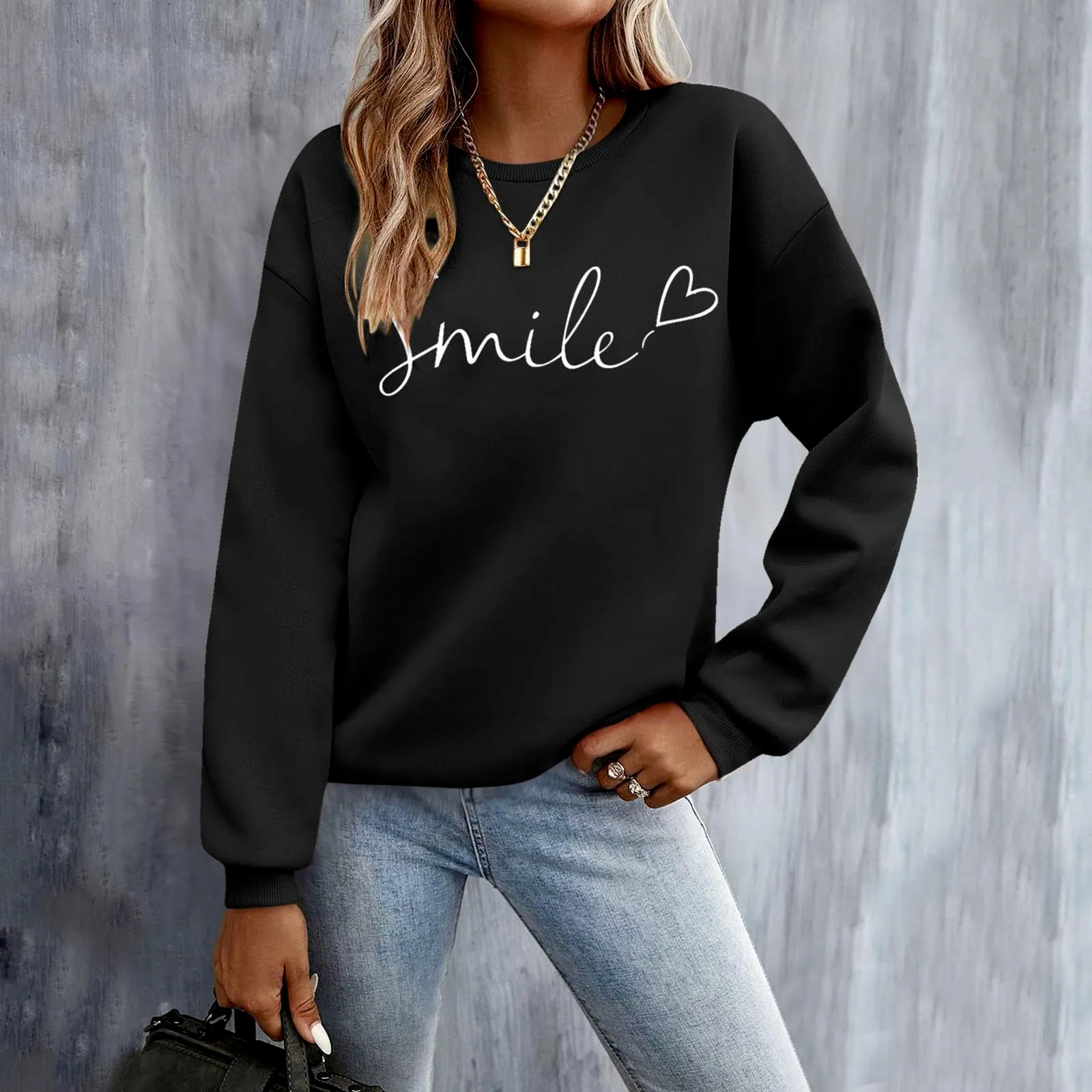 Gefomuofe Felpa da donna Smile Lettera Stampa, Nero, S - immagine 2